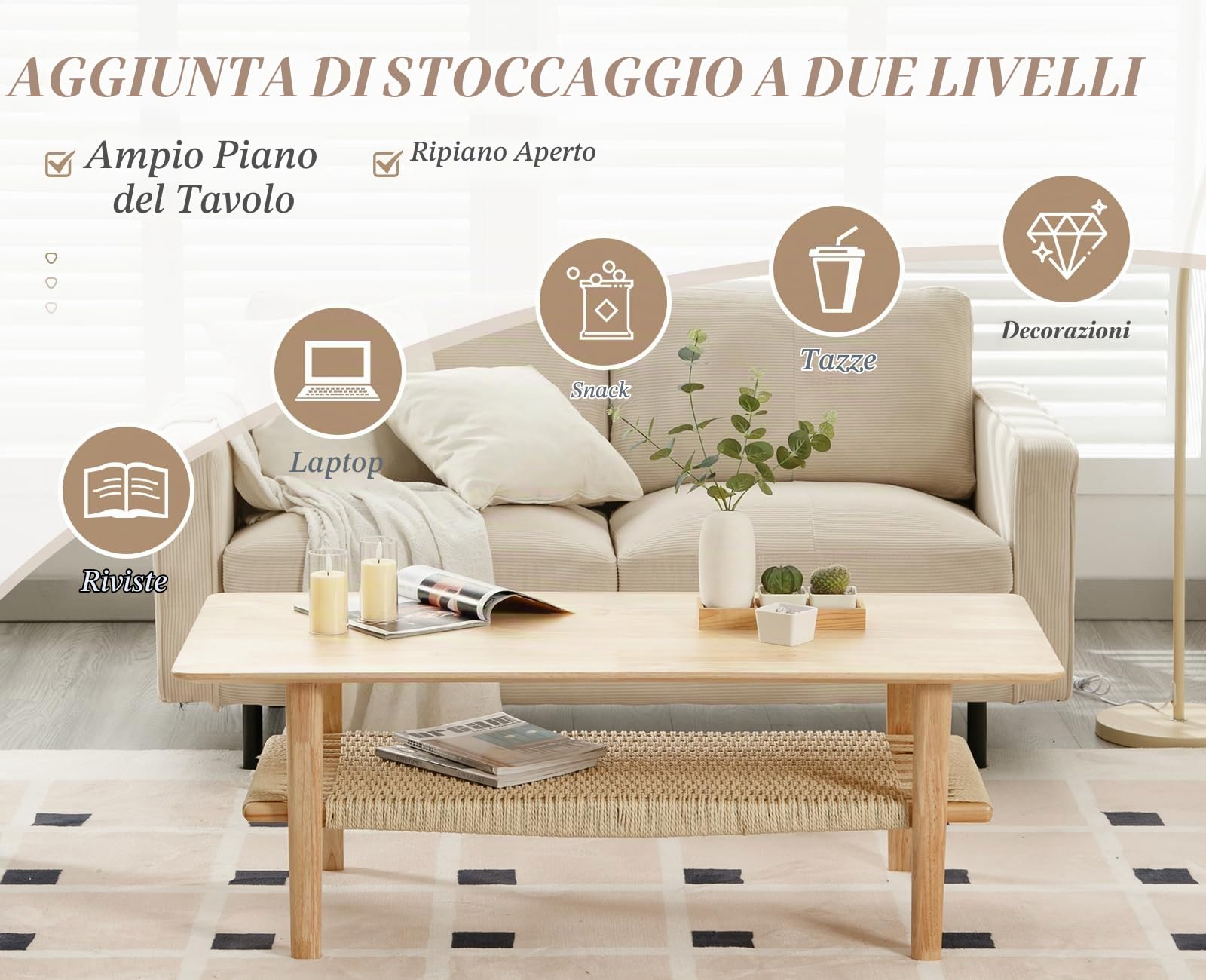 Ya-Home Tavolino da Salotto con Ripiano Intrecciato Tavolino da Caffè Moderno a Doppio Strato in Legno Tavolino Basso da Divano Soggiorno/Camera da Letto/Ufficio, Legno Naturale