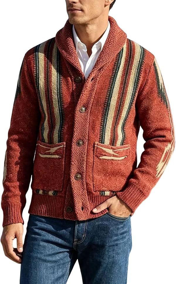 Suéter de punto casual de cuello V con botones y rayas para hombre