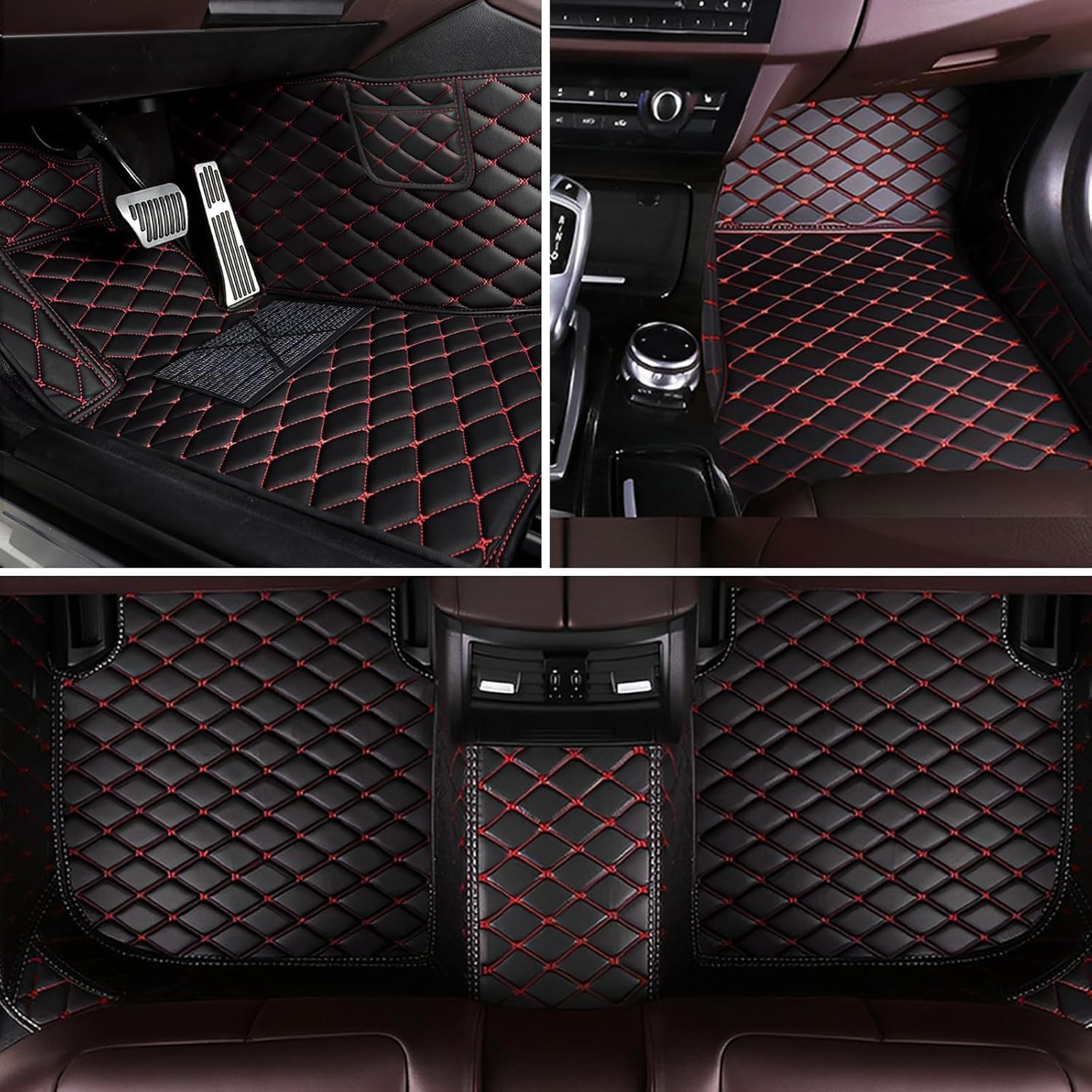 Premium 7D Car Floor Mat Full Set for Mahindra XUV 700-7 Seater (All 3 Rows)|| Luxury Leather with Grass Mat Complete Set || 100% Waterproof and Washable || Color : (Black and Red)
