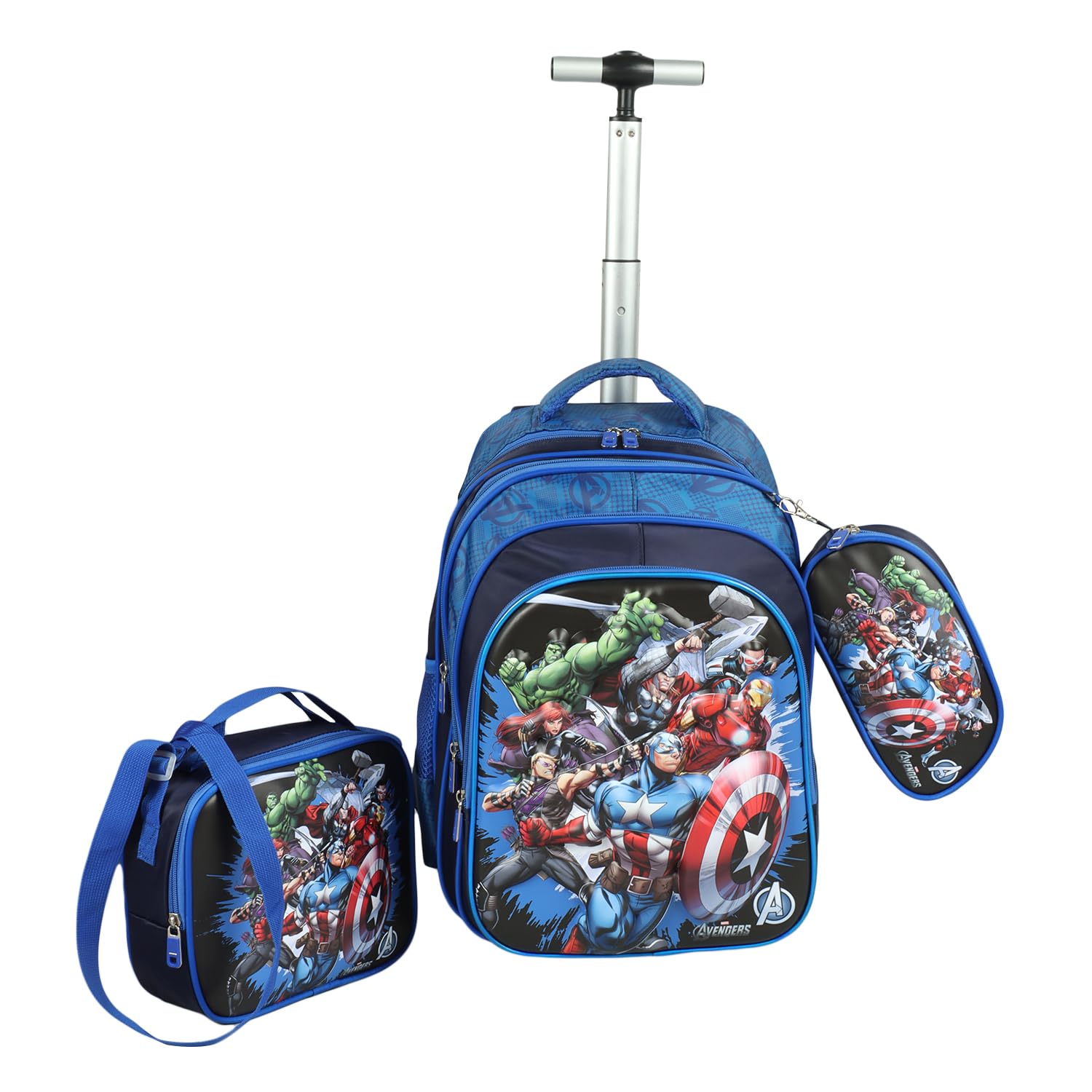 Marvel Avengers Kids 17 Inch School Backpack Combo Set - Lunch Box Bag & Stationery Pouch | Trolley Bag with 2 Wheels | Durable Polyester Carry-on Travel & School Bag for Boys - Blue