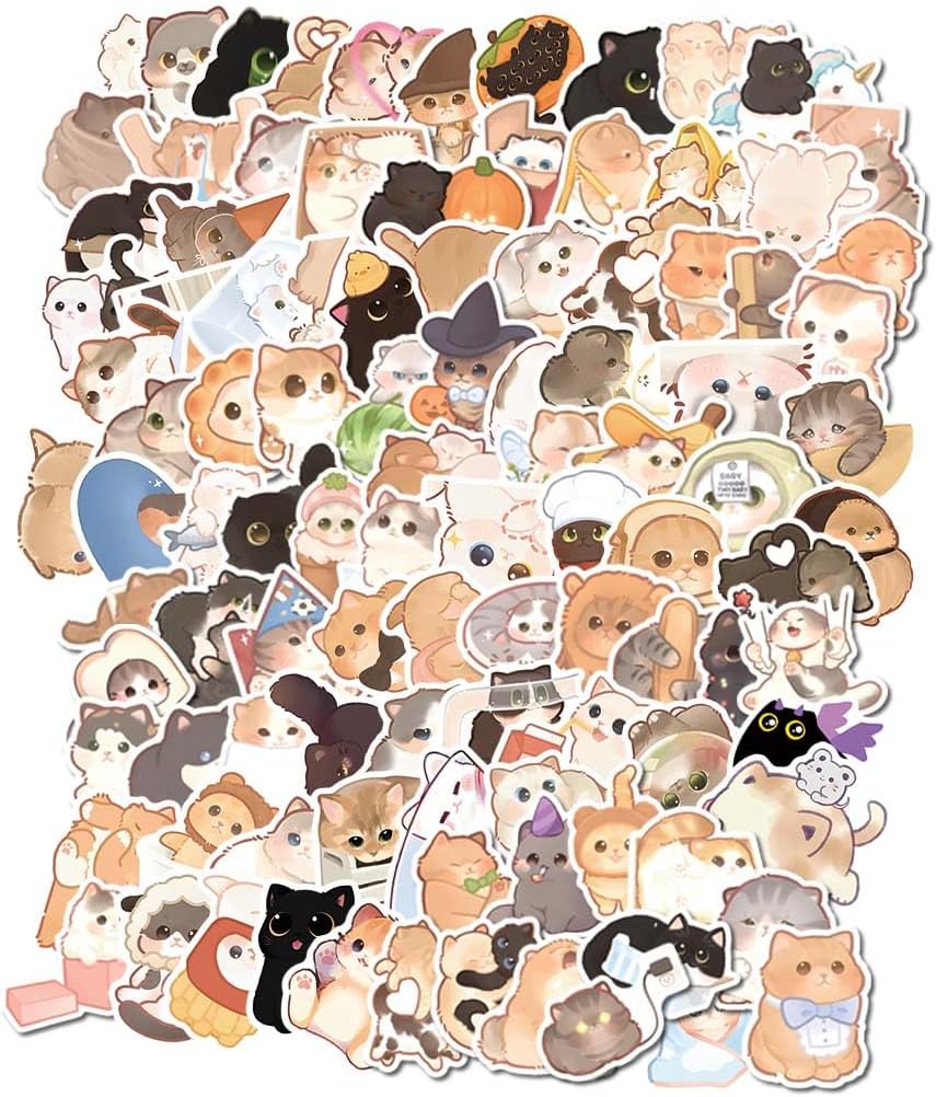 Cute Cat Stickers for Kids Teen Adults 100 Pack, Waterproof Kawaii Stickers Water Bottle Laptop Phone Case Scrapbooking, Cat Birthday Party Kawaii Gift Thing Stuff Item Boy Girl (Kawaii cat 100pcs)