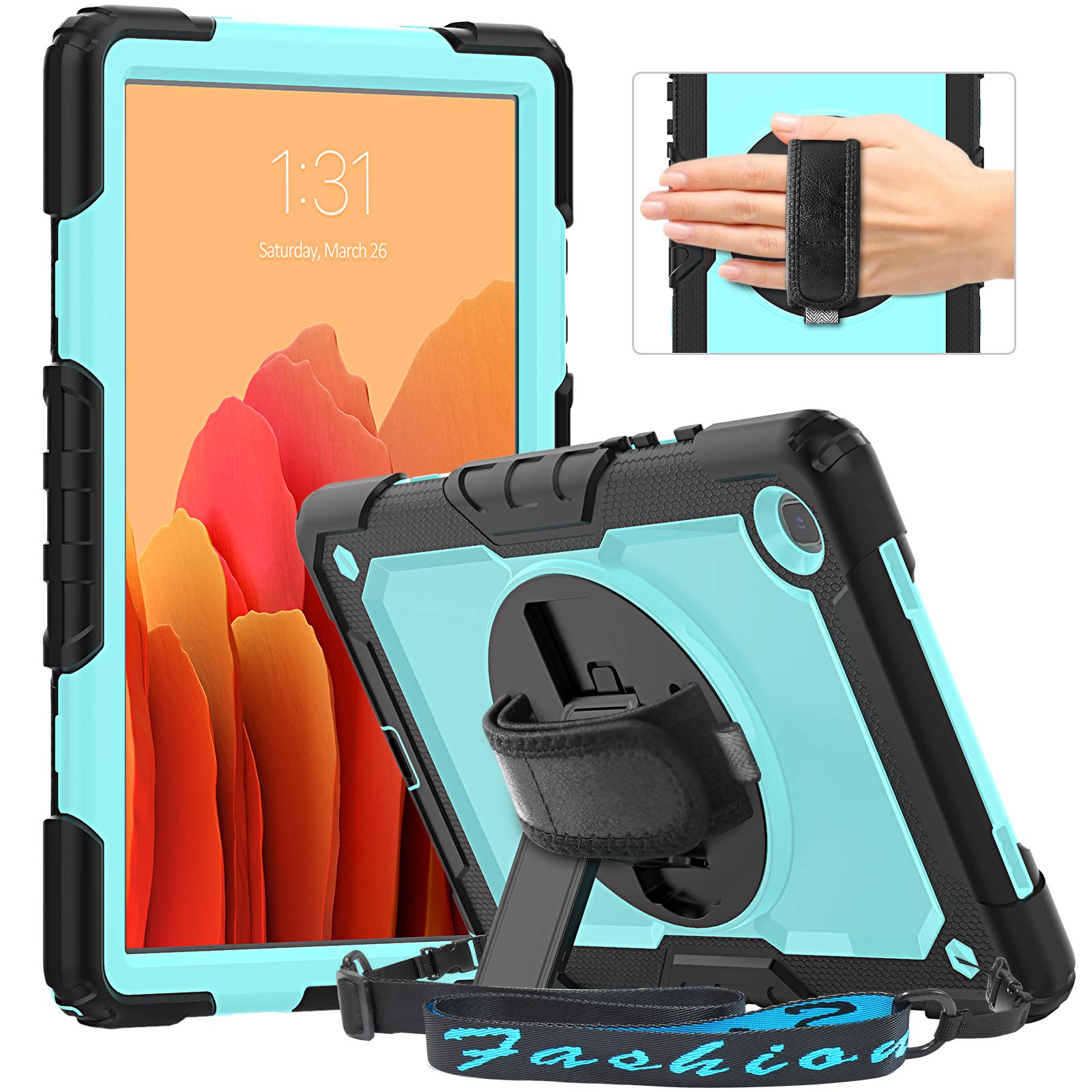 Timecity Case Compatible with Samsung Galaxy Tab A7 10.4" 2020 SM-T500/T505/T507, with Built-in Screen Protector&360 Degree Swivel Kickstand&Hand Strap&Shoulder Strap Case for Tab A7-Light Blue