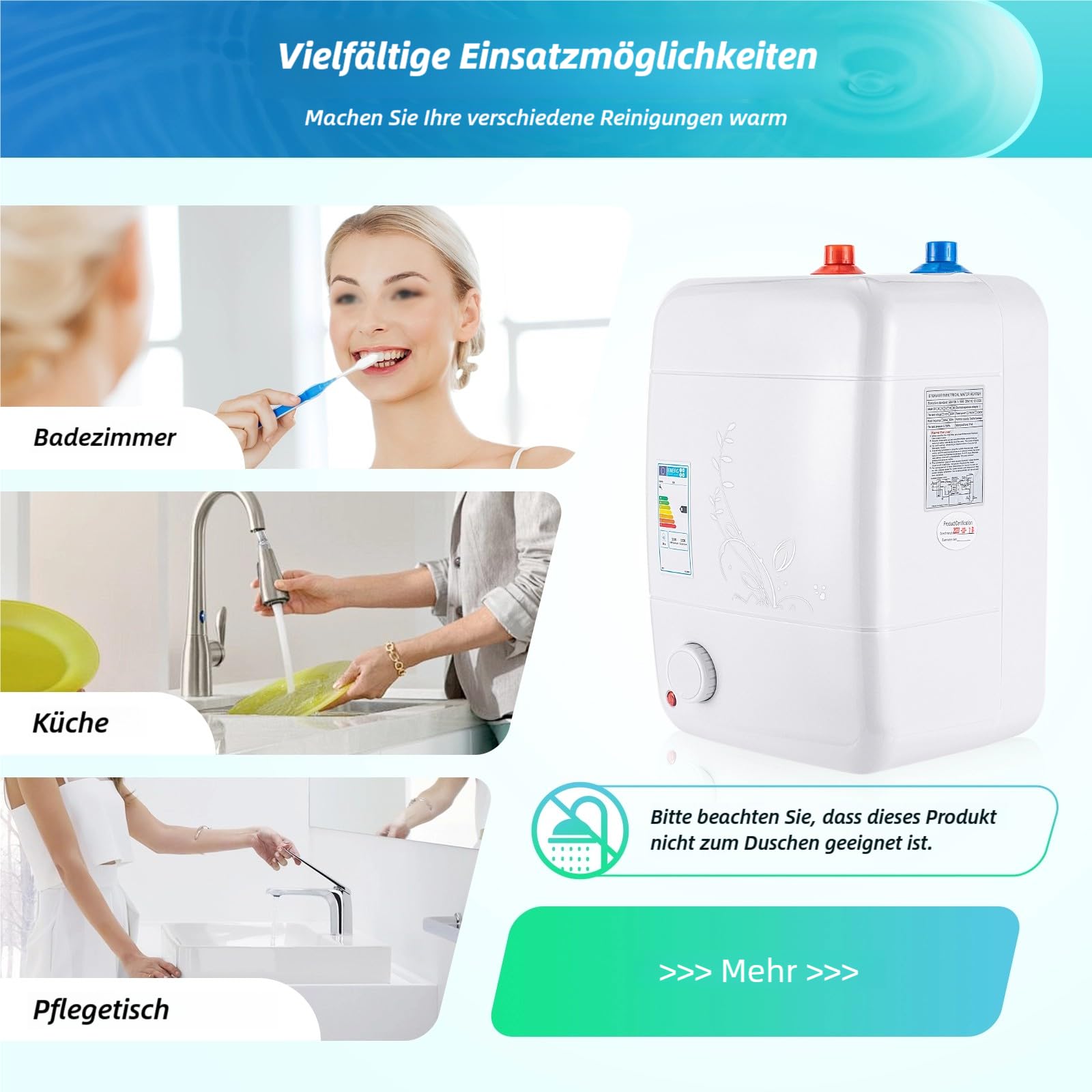 Pequeño acumulador bajo mesa 8L resistente a la presión – Depósito de agua caliente 1500 W bajo mesa 30 – 75 ℃ temperatura ajustable 23 x 21 x 36 cm