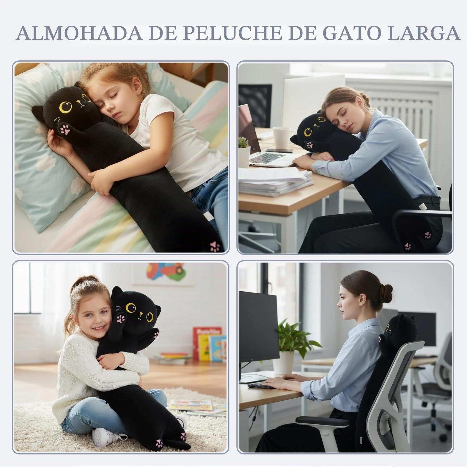Gato de peluche negro de 60 cm, suave cuerpo de gato largo de felpa para dormir y acurrucarse, gran gato negro de peluche, cuerpo de gato de felpa para niños