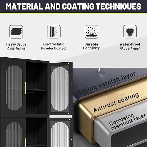 Miniatura 4 de Gabinete de almacenamiento de despensa negro de 61 pulgadas, armario de despensa de cocina con puertas y estantes de vidrio acrílico, con pie de
