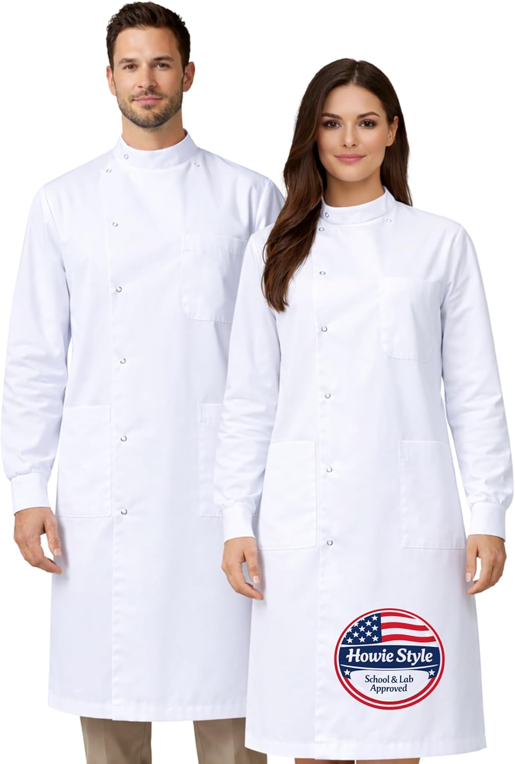Howie Lab Coat, Fluid-Barrier Elastic Cuffs & Quick Release Snaps - High-Neck Wrap Front, OEKO-TEX