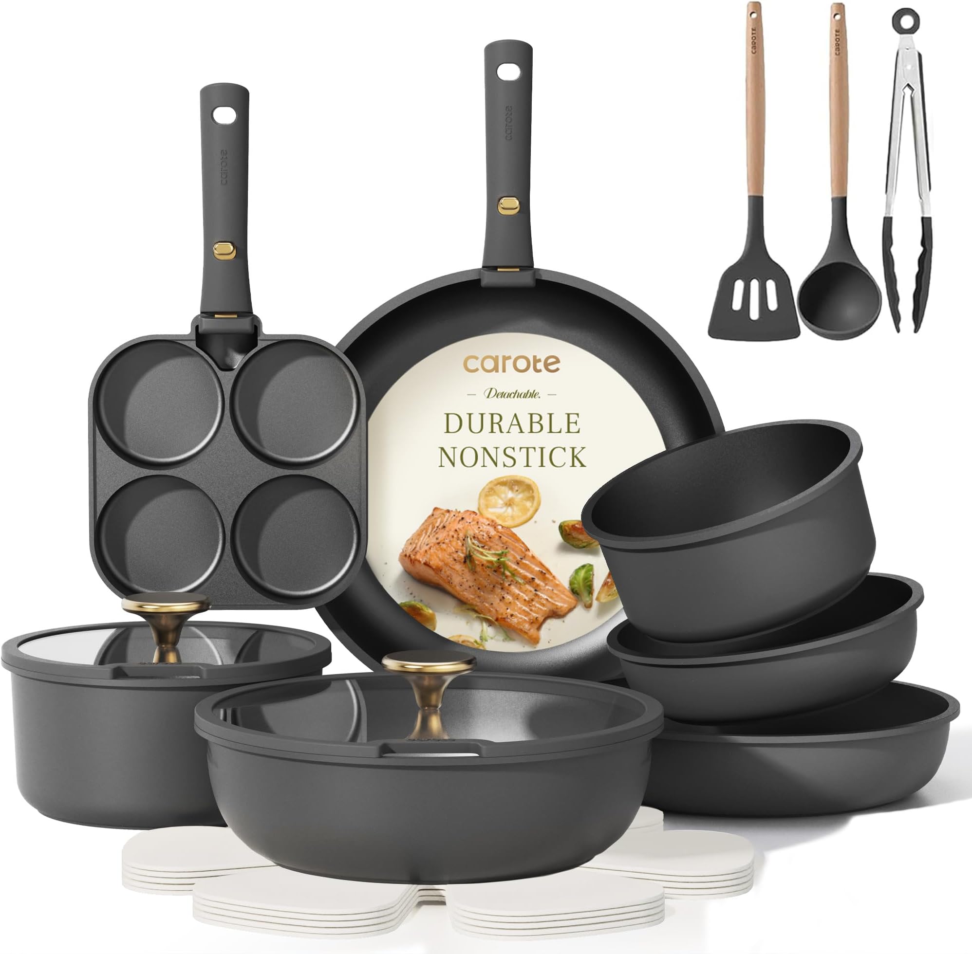 CAROTE 19pcs Pots and Pans Set, Nonstick Cookware Set Detachable Handle, Induction Kitchen Cookware Sets Non Stick with Removable Handle, RV Cookware Set, Gold and Dark Gray