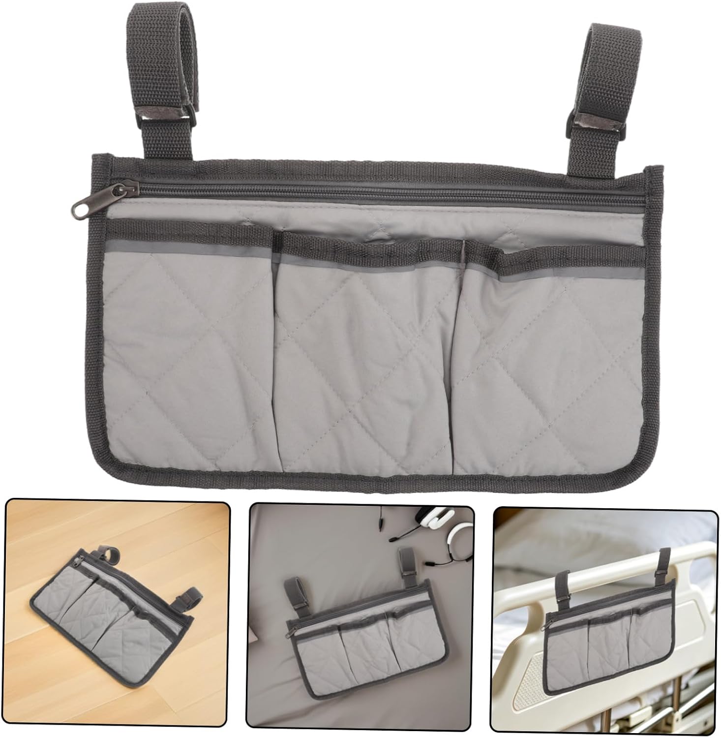 Bedside Organizer Bag with 4 Pockets and Cup Holder, Universal Bed Rail Caddy with Zipper Phone Pouch, Safety Bed Assist Rail Storage for Seniors and Use, Gray with Dark Gray