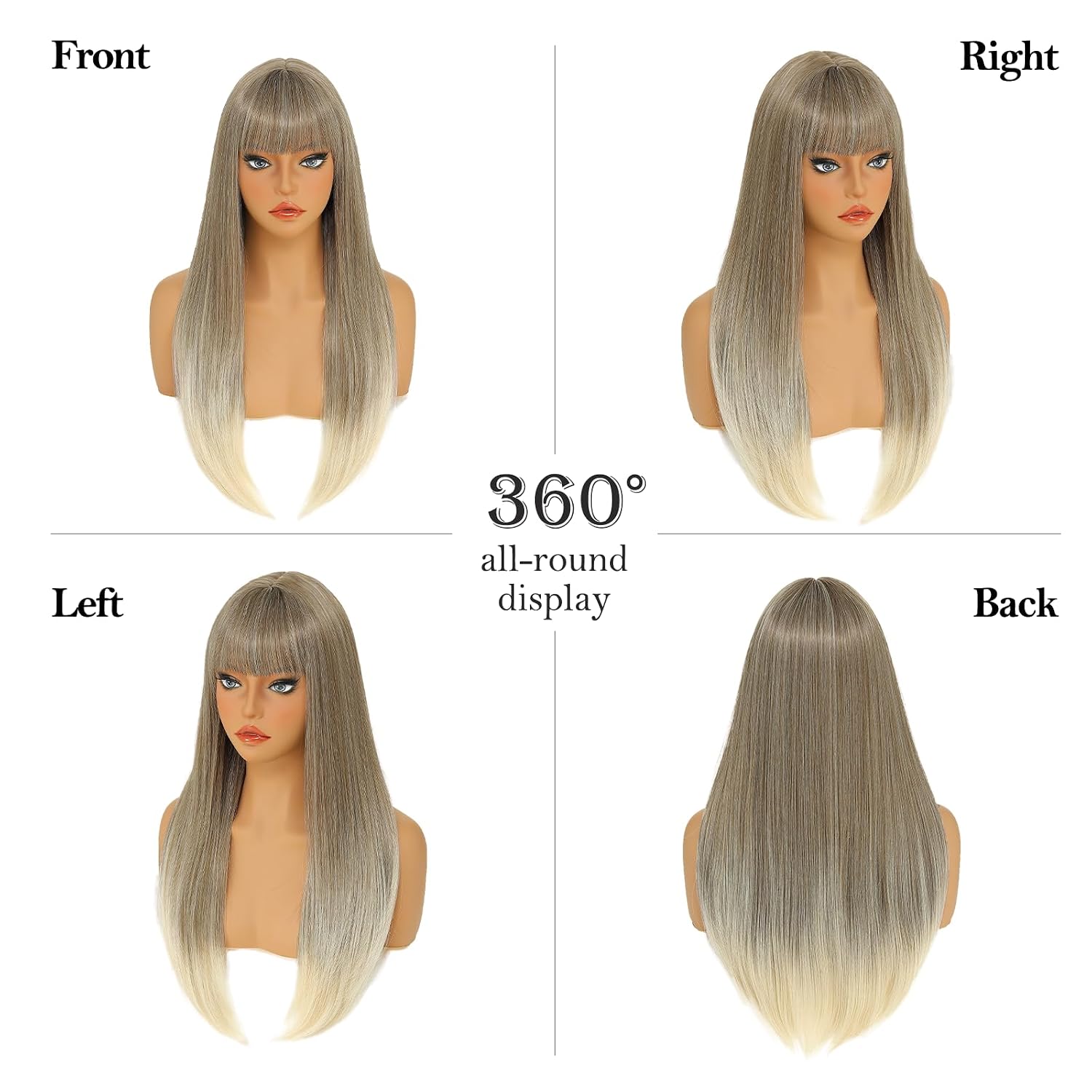 Ashy Blonde Wig with Bangs for Women Long Straight Wig for Grils Heat Resistant Synthetic Wig Blonde Hair Wigs for Daily Party Halloween Cosplay Wig 24inch