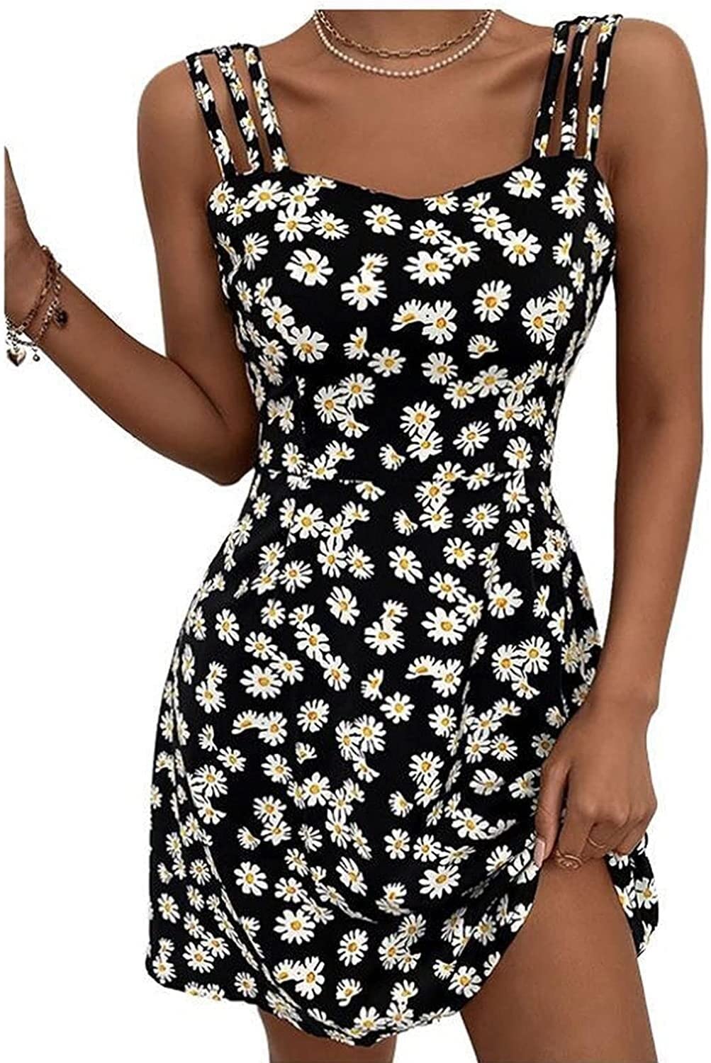 Verstellbarer Ersatz-Schultergurt, Handtaschenträger, Kleider for Damen, V-Ausschnitt, ärmellos, Spaghettiträger, kleines Gänseblümchen, lässige Mini-Swing-Kleider, Sommerkleider (Farbe: Schwarz, Größ