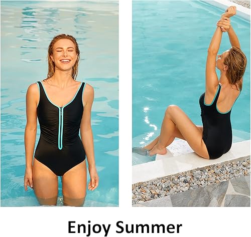 Miniatura 3 de DELIMIRA Traje de baño de una pieza para mujer, talla grande, control de abdomen, cremallera frontal