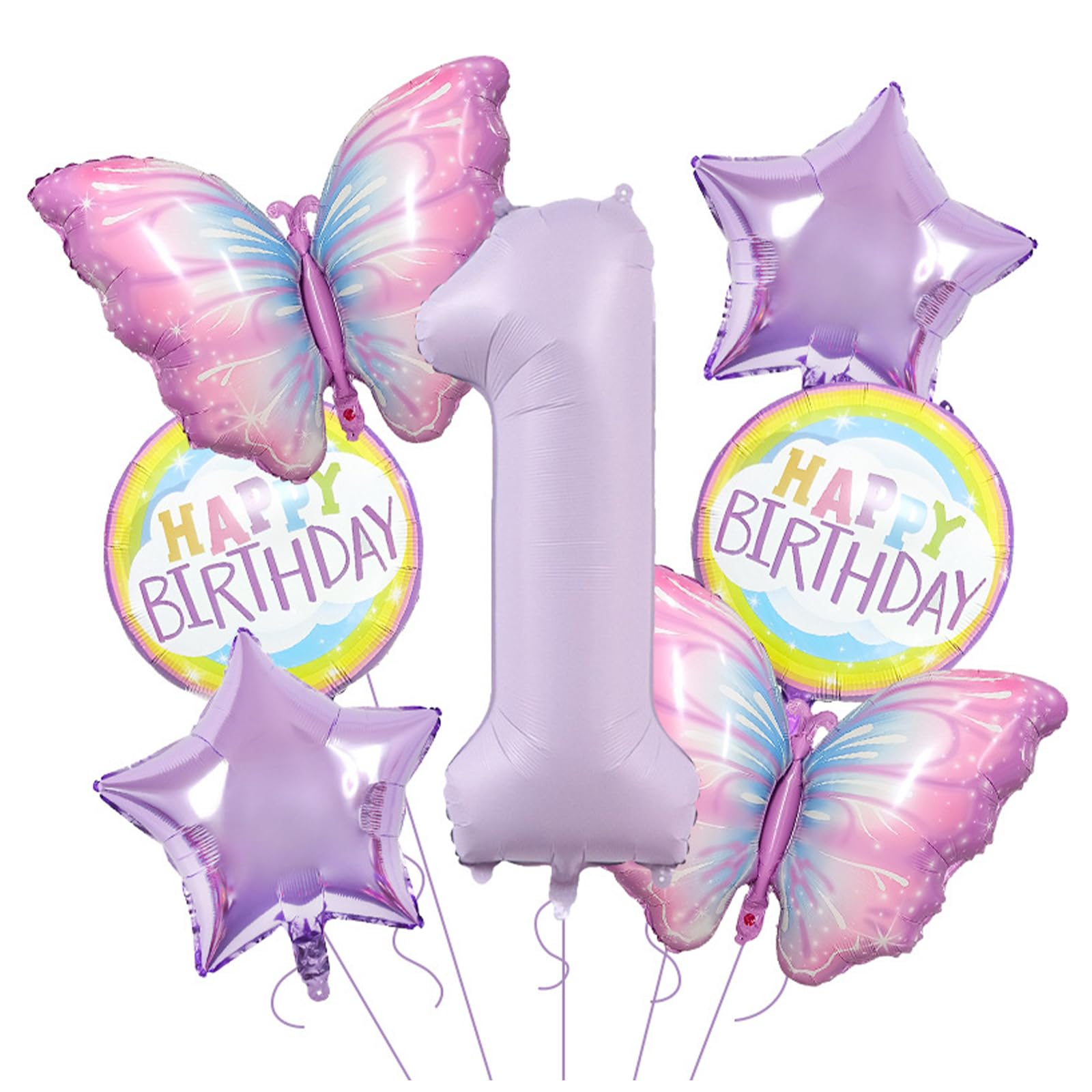 7Pcs 1st Birthday Balloons Kit, 40in 1st Birthday Decorations for Girls, Matte Purple Butterfly and Number 1 Balloon, Foil Star Balloons for 1 Years Old Girl Birthdays Party Decoration