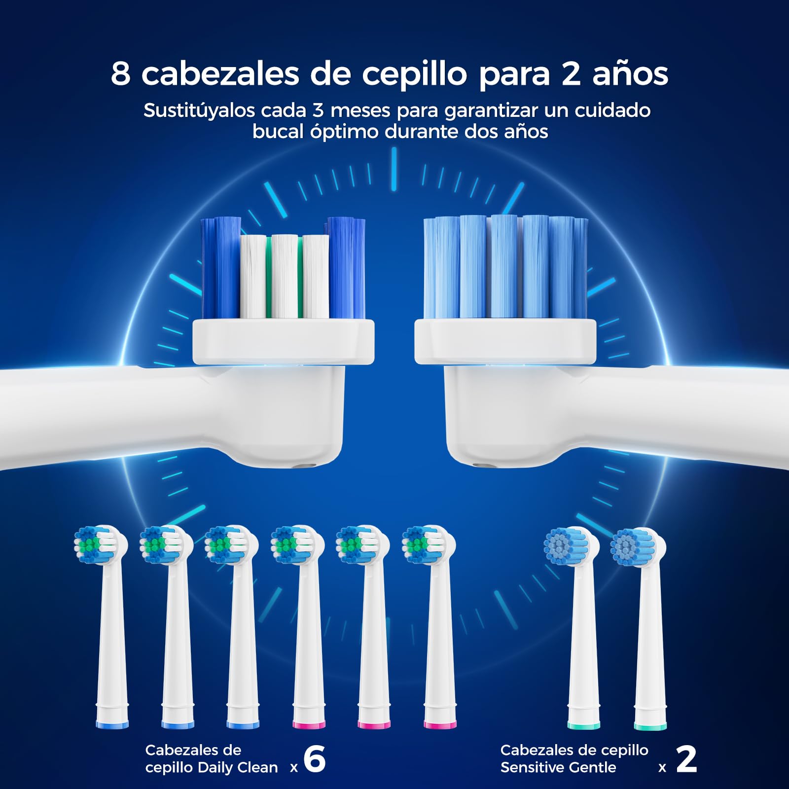 Cepillo de dientes eléctrico rotatorio con cabezal redondo, 3 intensidades y 5 modos, cepillo eléctrico con 8 cabezales, temporizador 2 minutos, IPX7, batería hasta 120 días, estuche de viaje