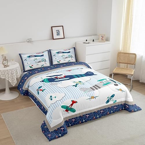 Miniatura 3 de Juego de edredón de avión para niños, cielo azul y nubes blancas, juego de ropa de cama para niños, niñas, mujeres y adultos, edredón de aviones de