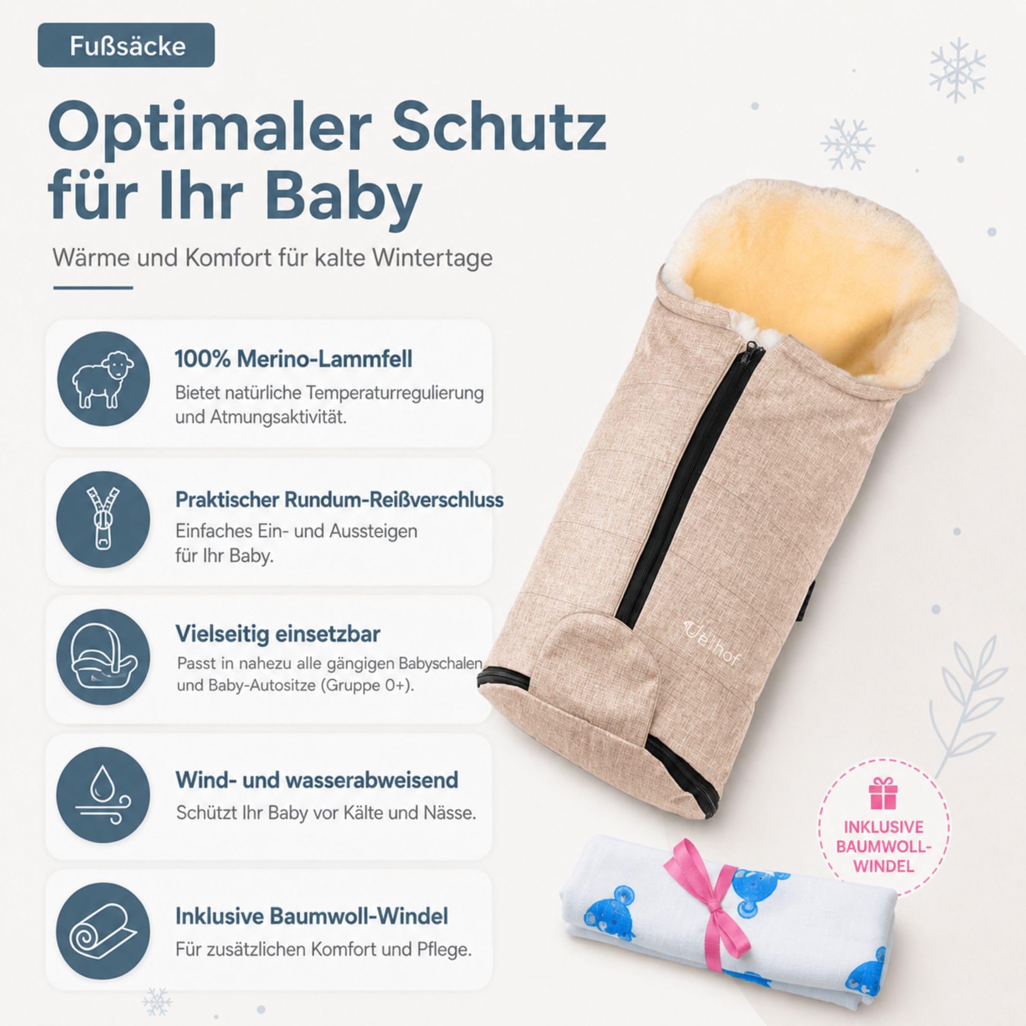 Fellhof Fußsack Babyschale Gastein, Einschlagdecke | Kinderhaus Blaubär: für Babywanne & Neugeborene, 100% Merino-Lammfell, atmungsaktiv & waschbar