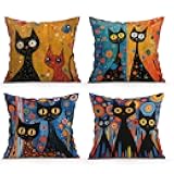 OBSEDE Black Cat Abstract Art Throw Pillow Covers 18 × 18 in, Set of 4, Couch Cushion Cases Inserts for Sofa Bed Living Room Home Decor, Single Side Print