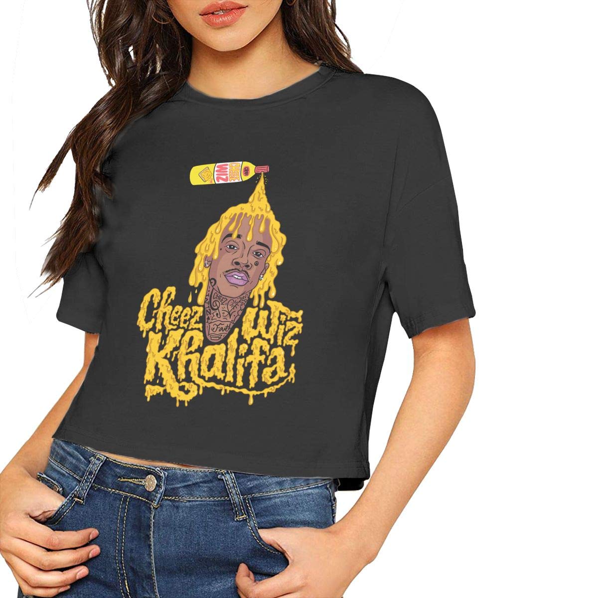 AlbertV Wiz Khalifa Sexy Exposed Navel Female T-Shirt Bare Midriff Crop Top T Shirt Black