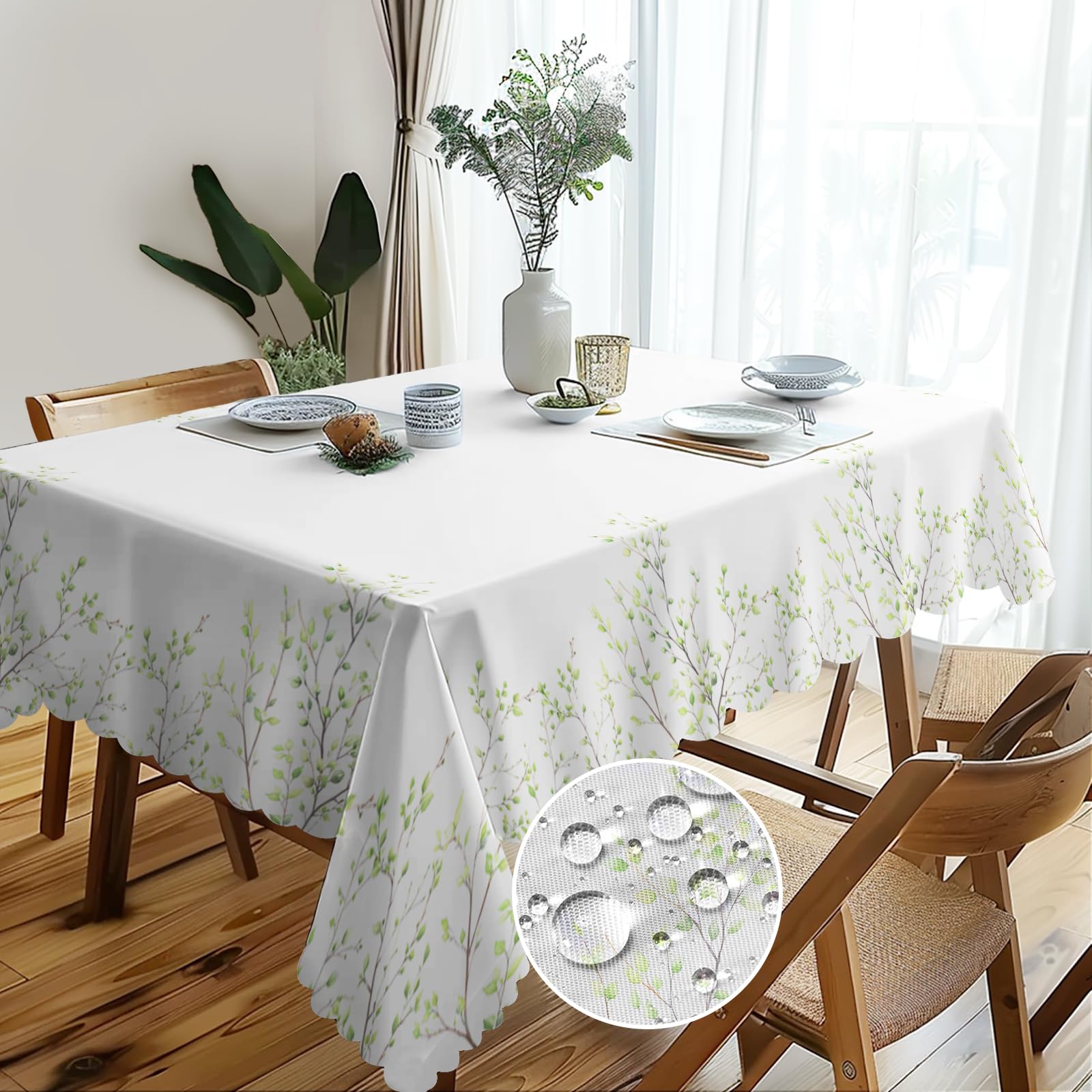Green Leaf Wipe Clean Table Cloths - 140x180cm, Waterproof, Washable, Rectangular Floral Tablecloth for Kitchen Garden, Picnic, Party