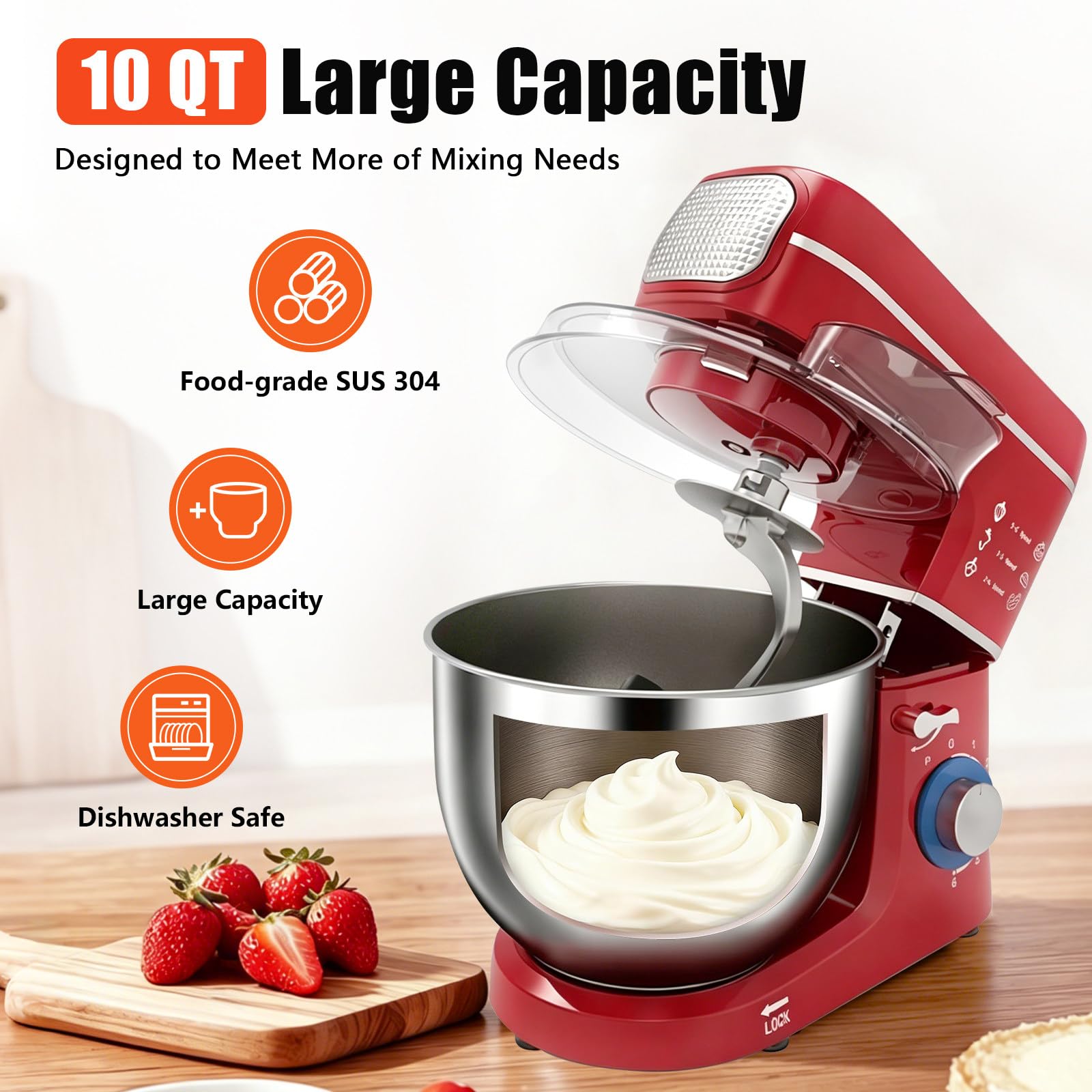 Robot de Cocina multifuncion 10L 1400W 5 en 1, tazón de Acero Inoxidable, Gancho amasador + picadora + exprimidor, Ventosa Antideslizante, para Pizza & Pan & Pasta, para Familia Red