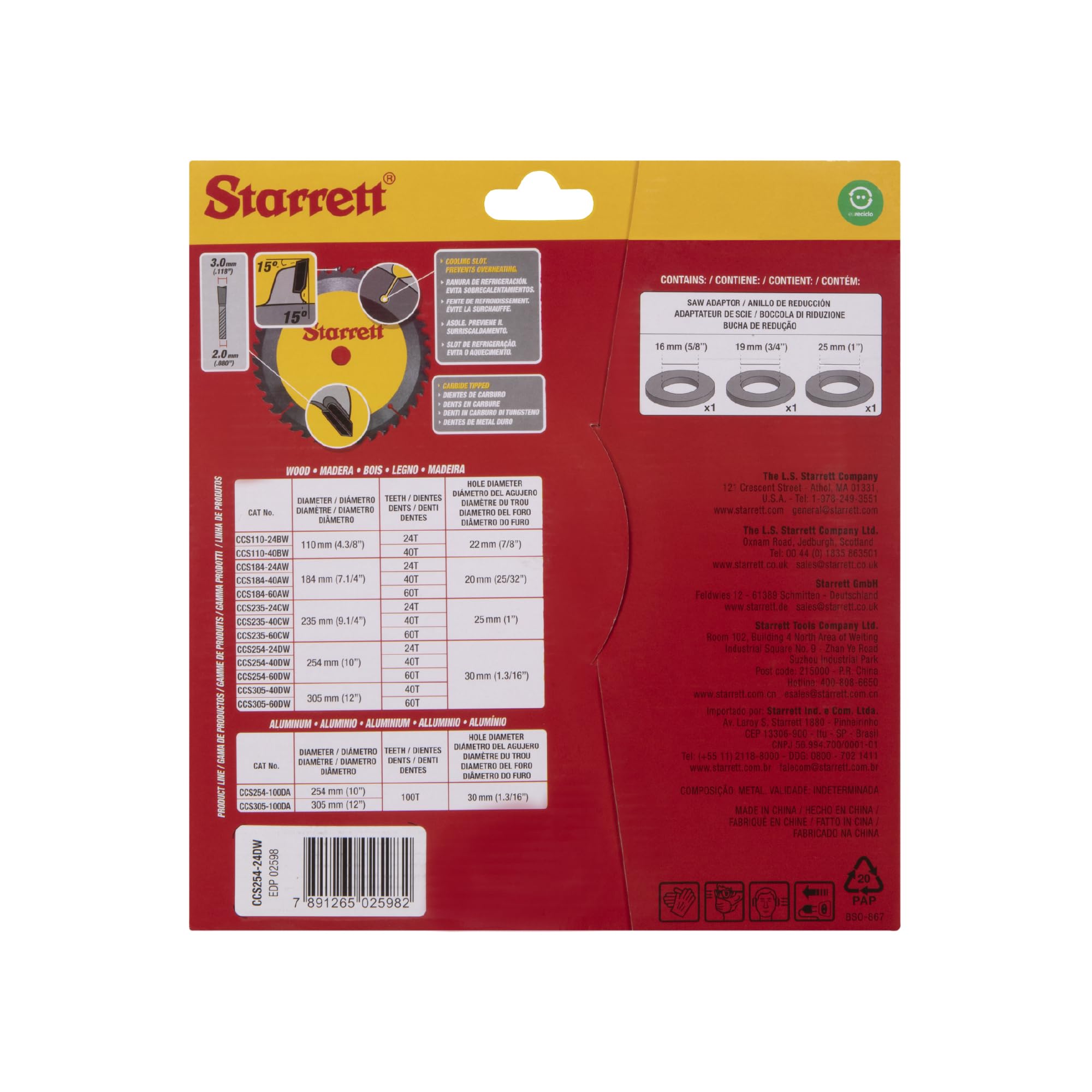 Starrett Lame de scie circulaire TCT 254 mm pour bois, 24 dents, alésage 16/19/25/30 mm