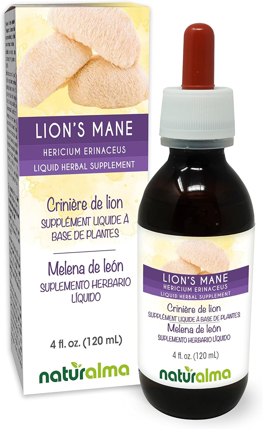 Naturalma Lion\'s Mane (Hericium erinaceus) Fungus or Mushroom Alcohol-Free Tincture - 4 fl oz Liquid Extract in Drops - Herbal Supplement - Vegan