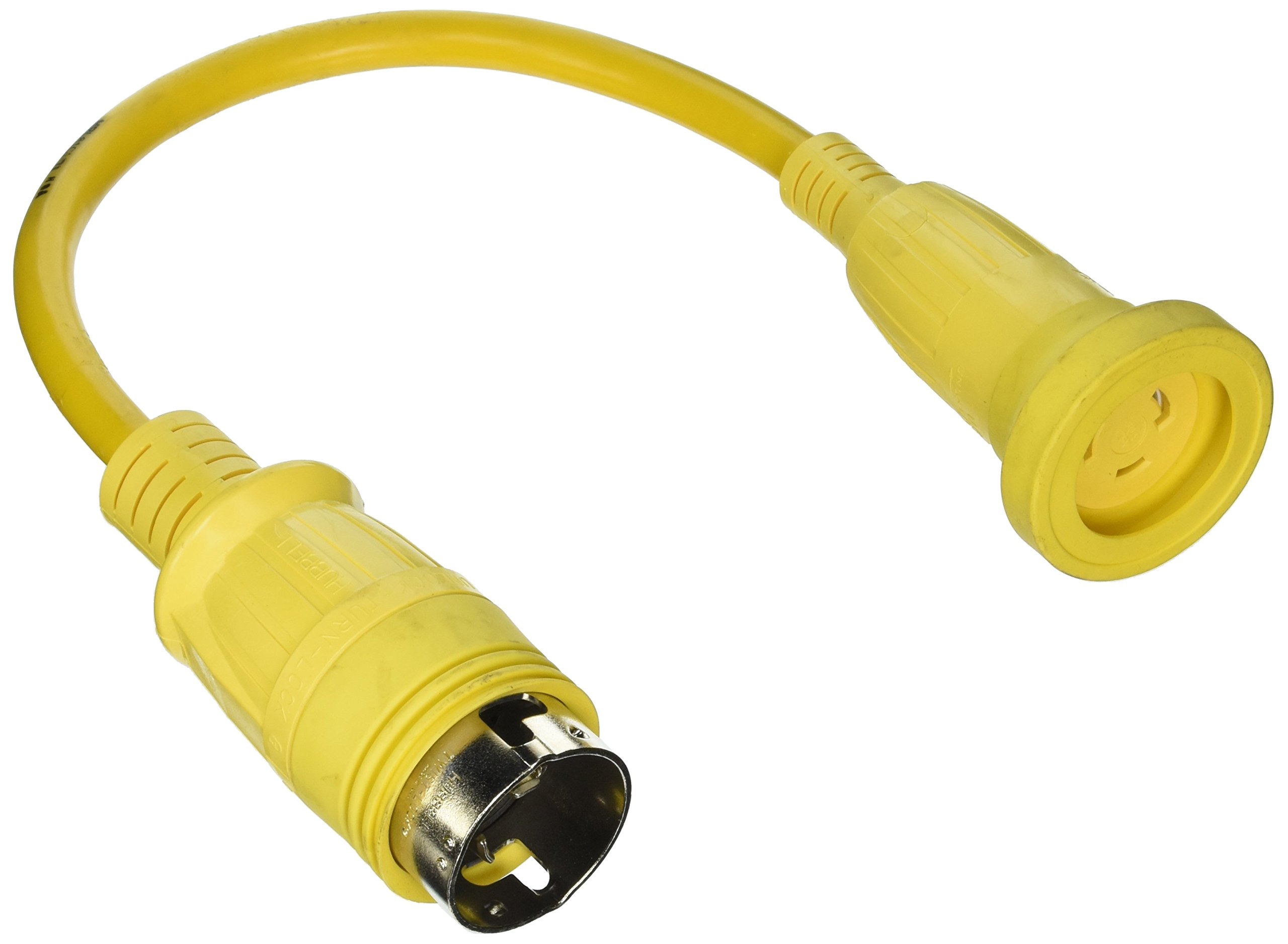 Hubbell Wiring Systems HBL61CM71 Molded Straight Adapter, 30A, 125V, 2P, 3W Twist-Lock Female end with 50A, 125/250V, 3P, 4W Twist-Lock Male end, Yellow
