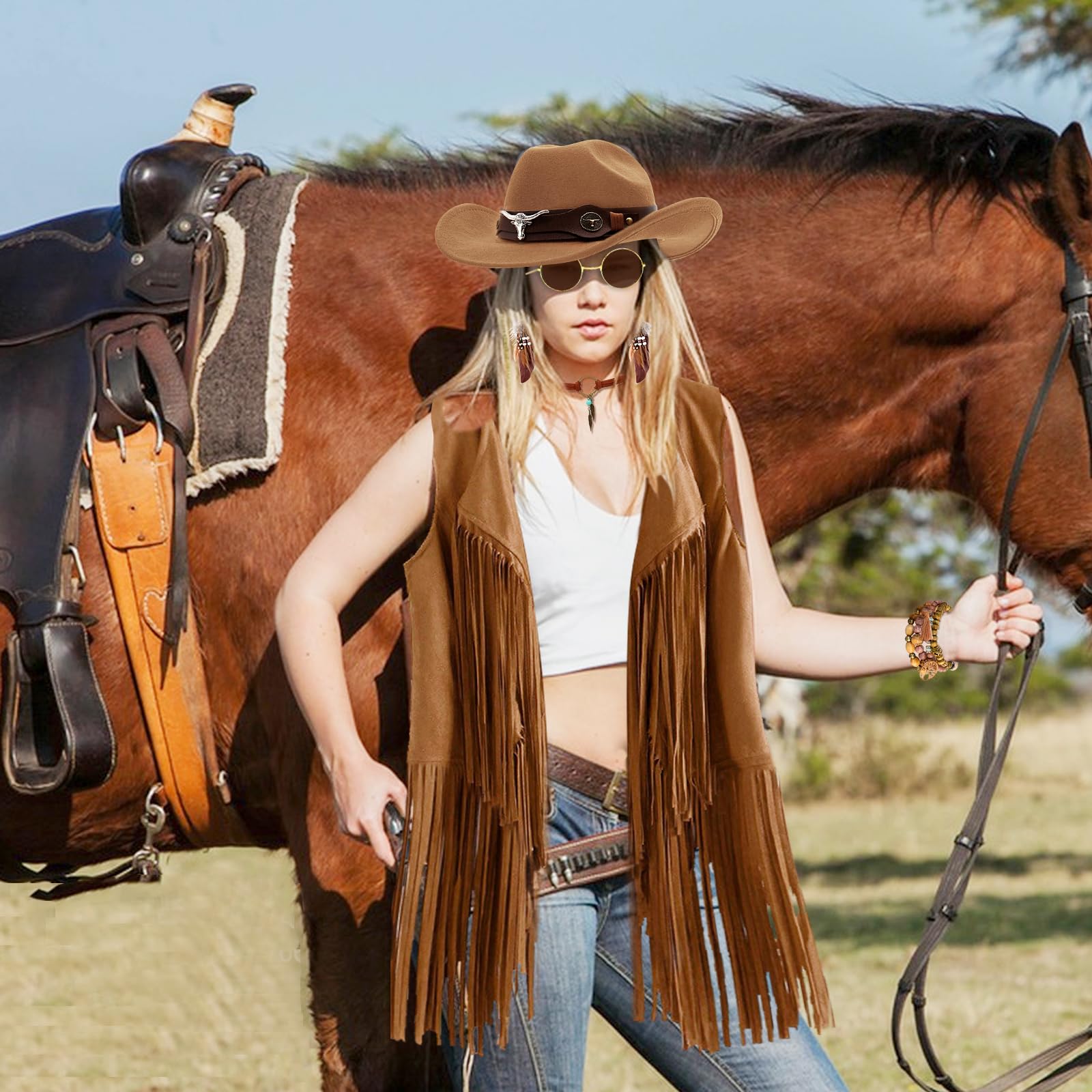 7Stück Hippie Kleidung Damen Set, Cowgirl Western Outfit, Hippie Kostüm Damen Set mit Hippie Ohrringe, Brille, Armband, Halskette, 60er 70er Hippie Bekleidung Faschingskostüme Halloween