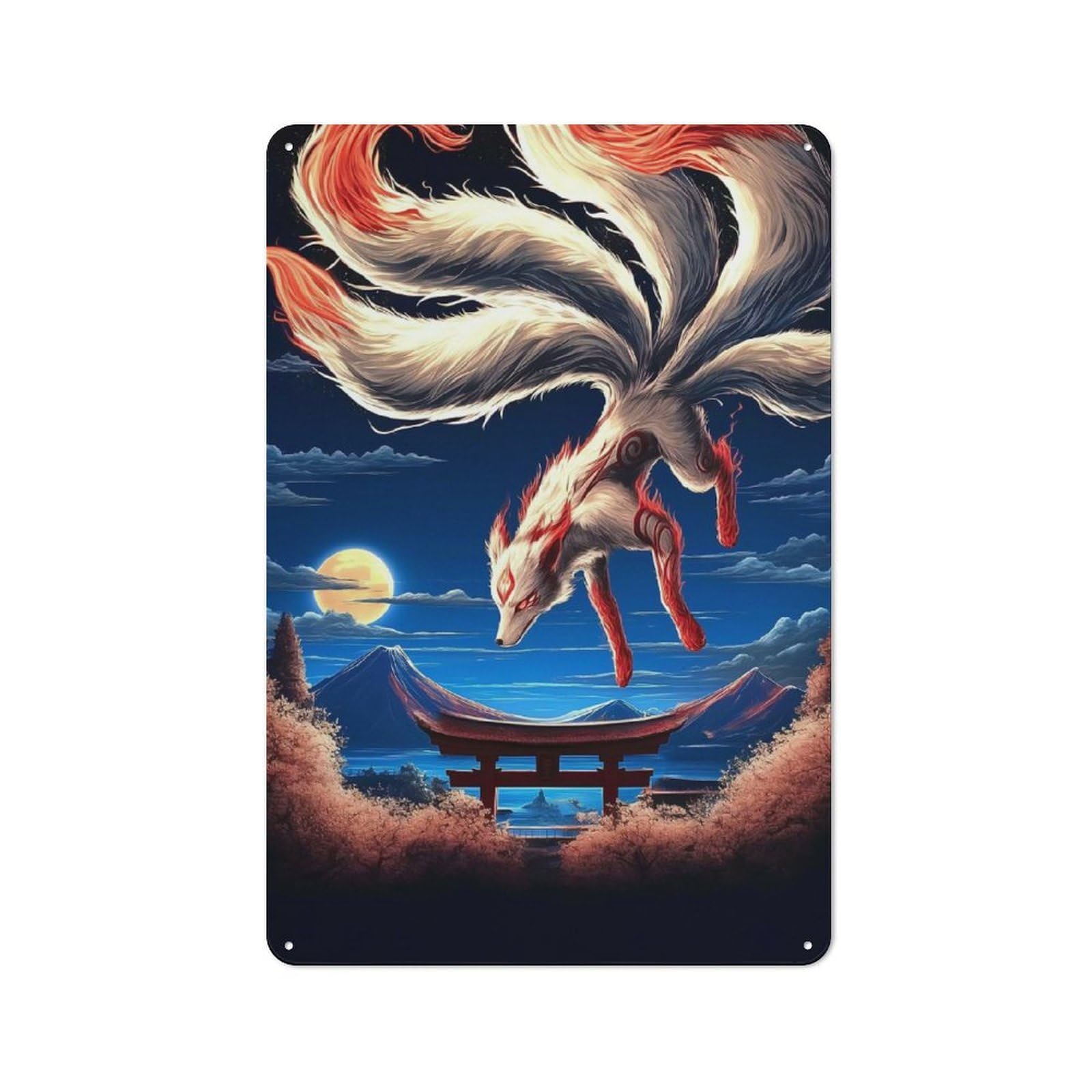 Junmoney Nine Tailed Fox Vigil Tin Wall Plaque 30X20cm With For Home Office Or Studio, Gift Idea At Christmas For Creative Workspace Decorators