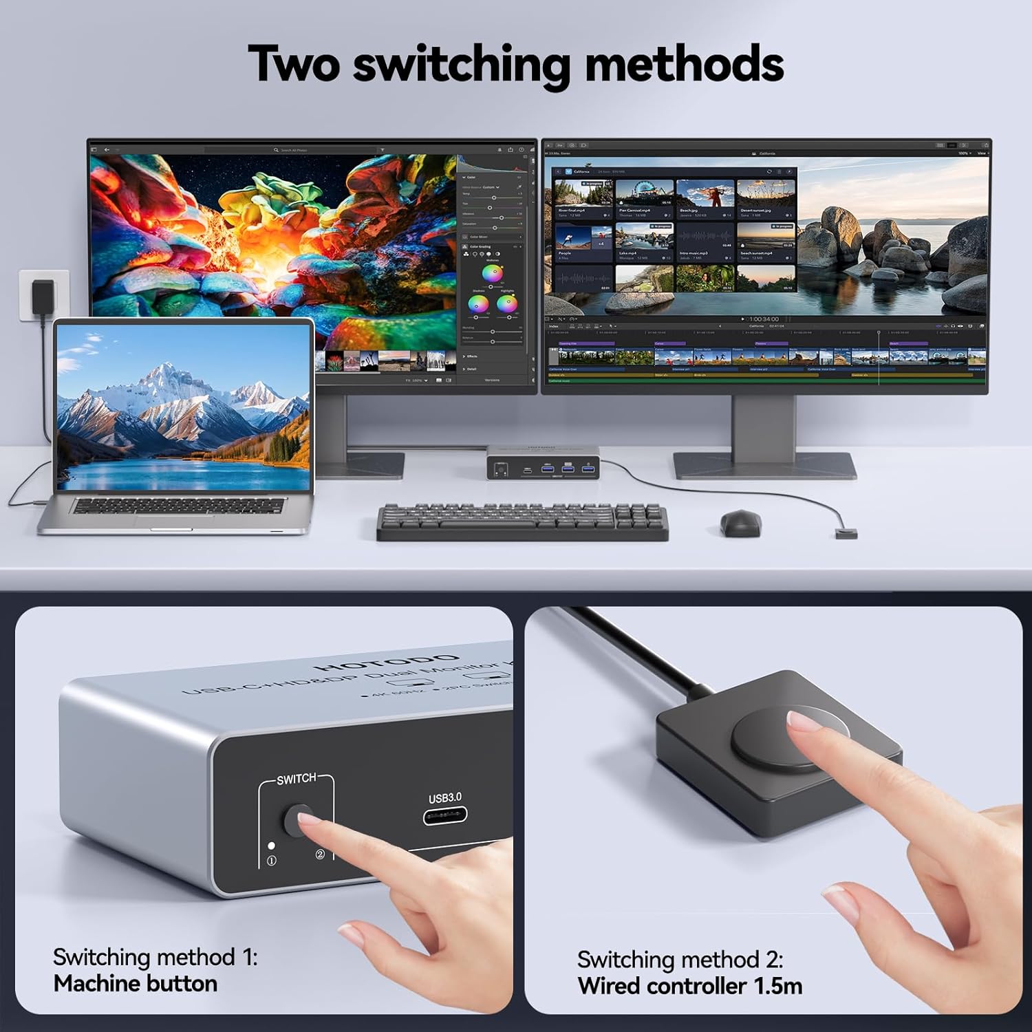 USB C KVM Switch 2 Monitors for 1 Laptop 1 Desktop, 4K@60Hz Dual Monitors HDMI DP KVM Switch for 4 USB 3.0 Ports,Docking Station KVM Switches, PD Charging,with Wired Remote Control and USB Cable