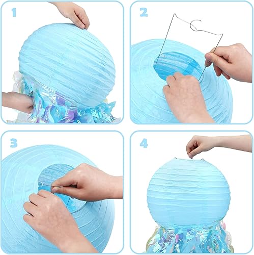 Miniatura 5 de Fontien Faroles de papel de gelatina de 12 pulgadas, 4 piezas de linternas de papel colgantes de color azul, verde, rosa, morado, ideal para