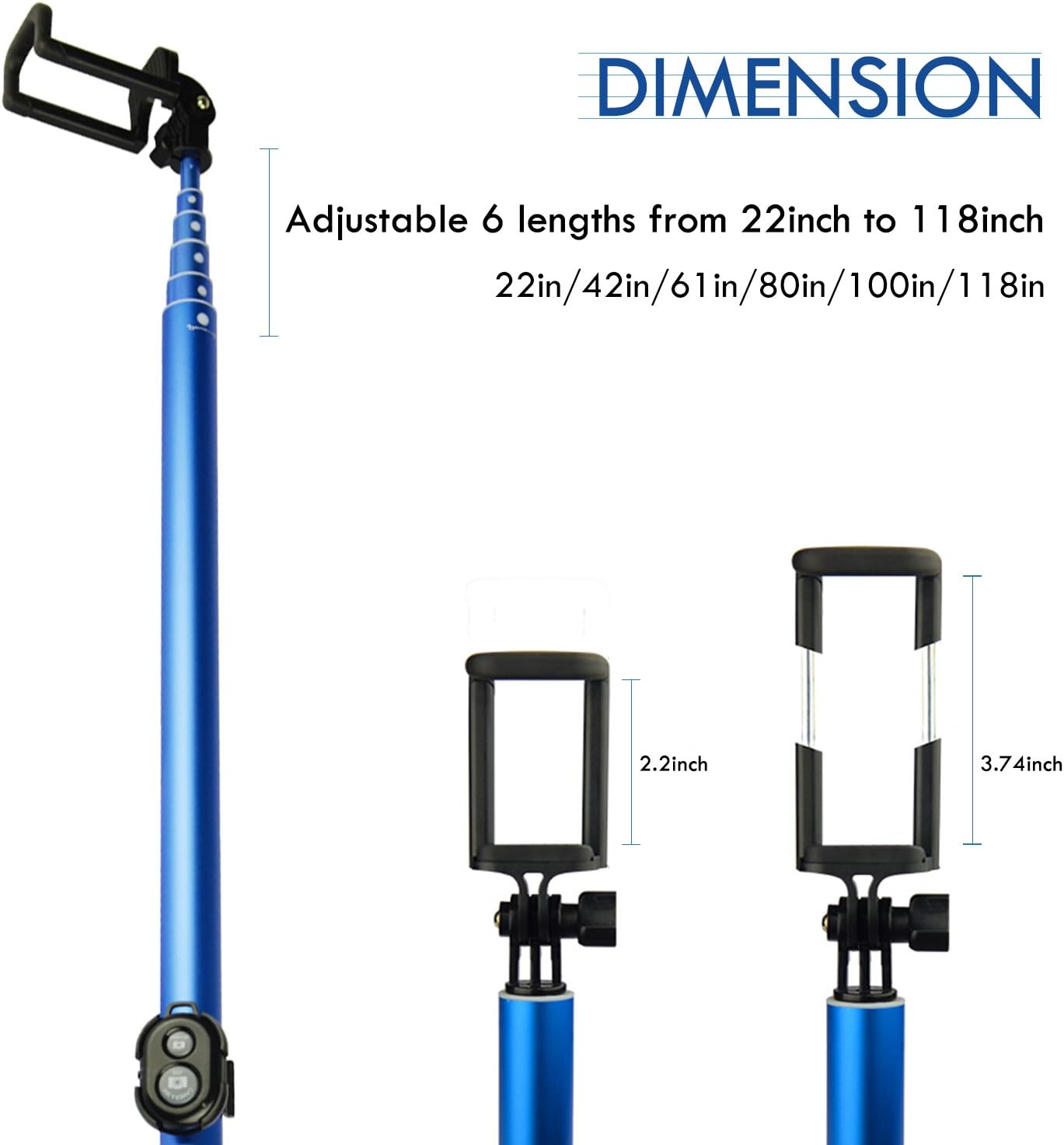 Uр Tо 50% оƒƒ Bluetooth Long Selfie Stick- Super Length Lightweight Extendable Pole from 20'' to 118 Built-in Wireless Remote Shutter Grip Holder Mount Compatible iPhone Samsung Android Cell Phone(Blue)