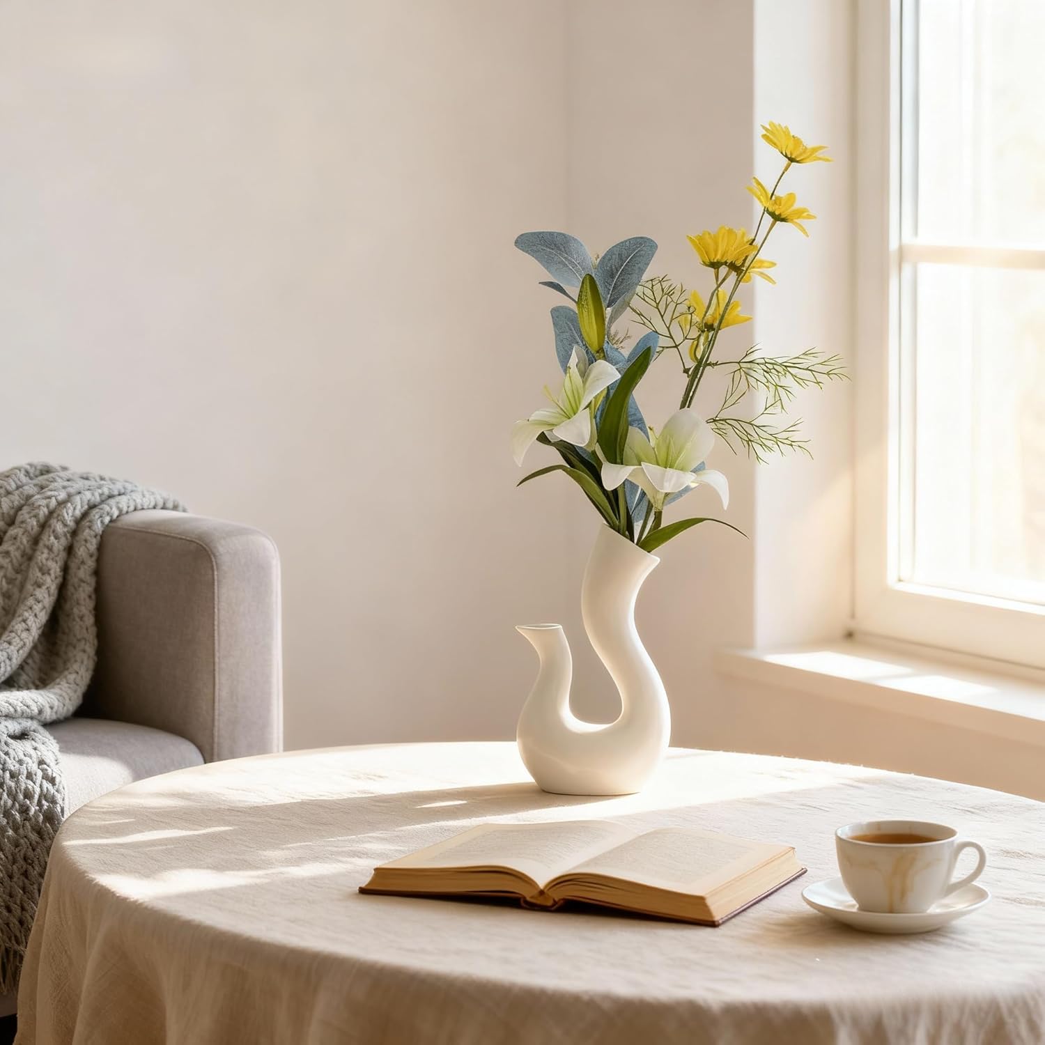 Swan Vase with Faux Flowers - White Ceramic Vase Set, Farmhouse & Modern Home Decor, Artificial Floral Arrangement for Dining Table Centerpiece, Living Room, Office Desk Decor, Entryway