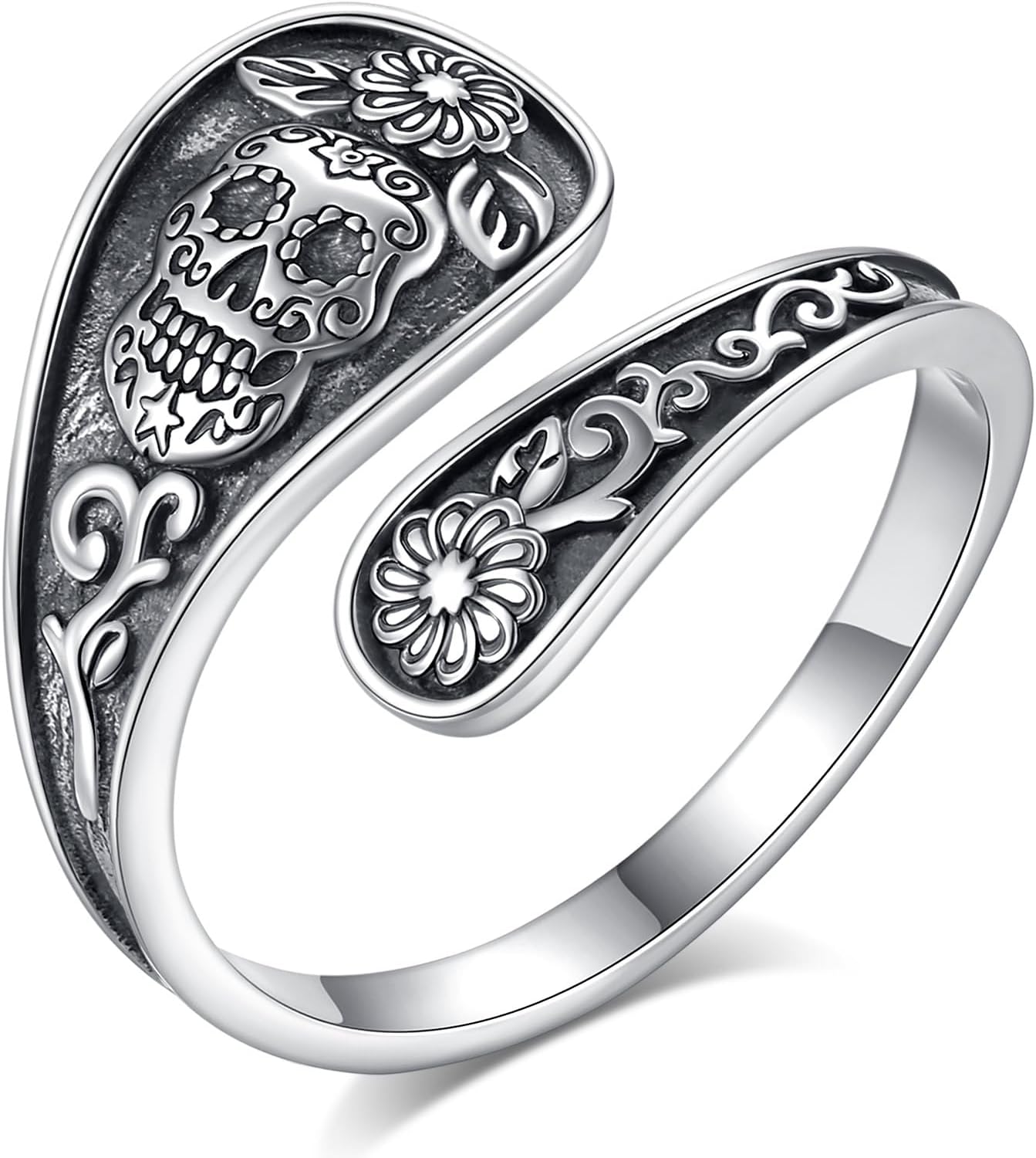 Vintage Spoon Rings for Women Skull Flower 925 Sterling Silver Antique Jewelry Goth Gothic Hippie Skeleton Bone Open Ring Adjustable Thumb Index Mid Finger Unique