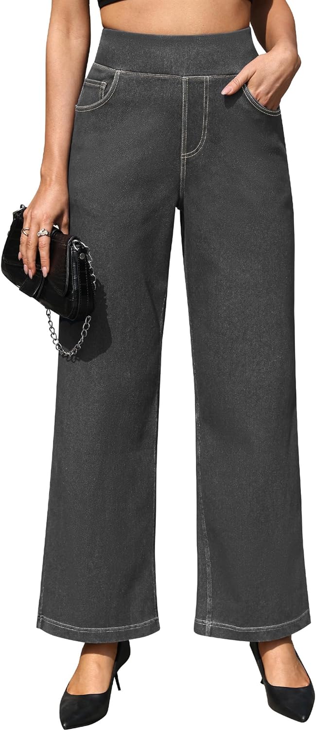 AVAMO Sweatpant Jeans Women Wide Leg Jeans Stretchy Pull on Elastic High Waisted Straight Leg Baggy Denim Pants