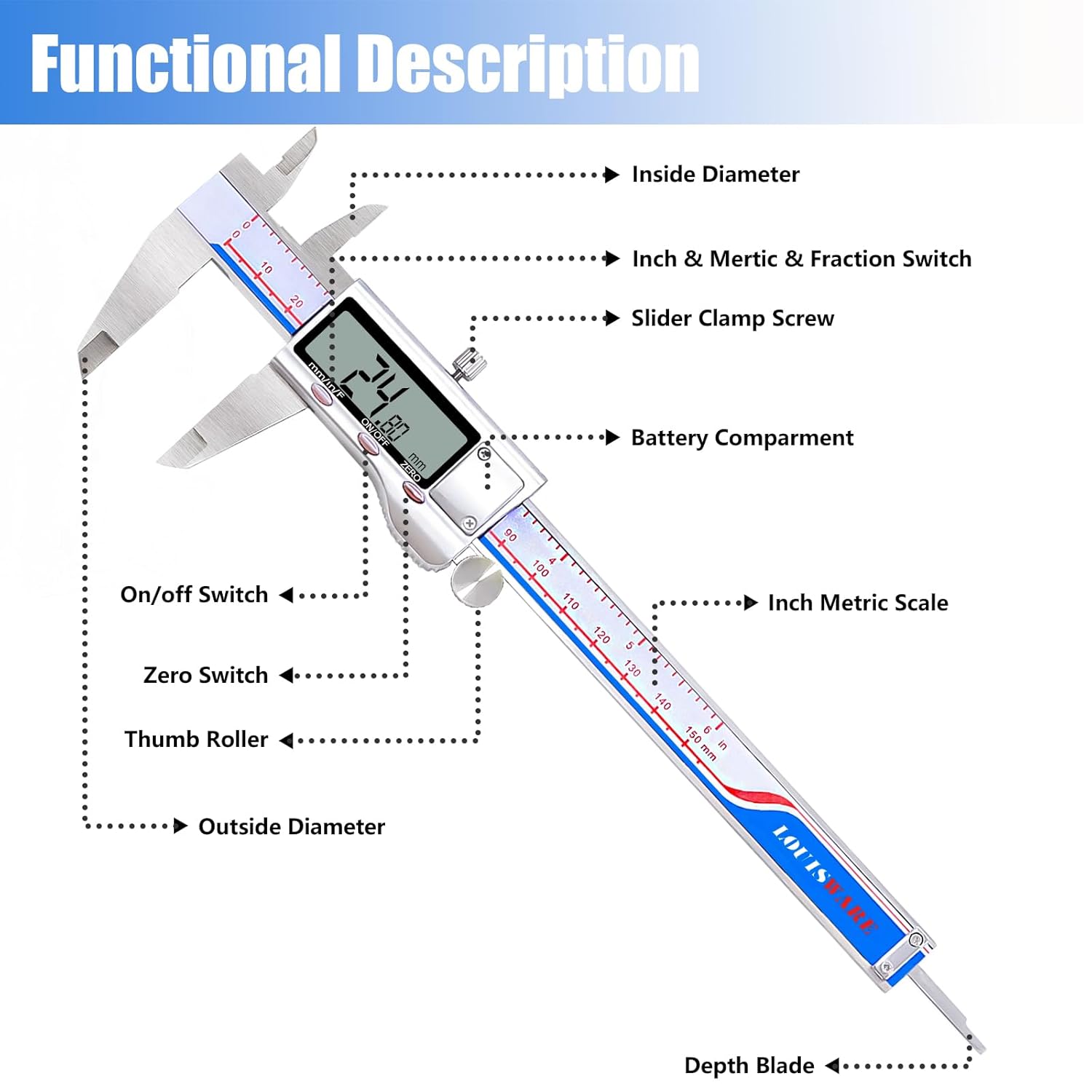 Digital Caliper, Caliper Measuring Tool with Stainless Steel, Electronic Micrometer Caliper with Large LCD Screen, Auto-Off Feature, Inch and Millimeter Conversion (6 Inch/150 mm)