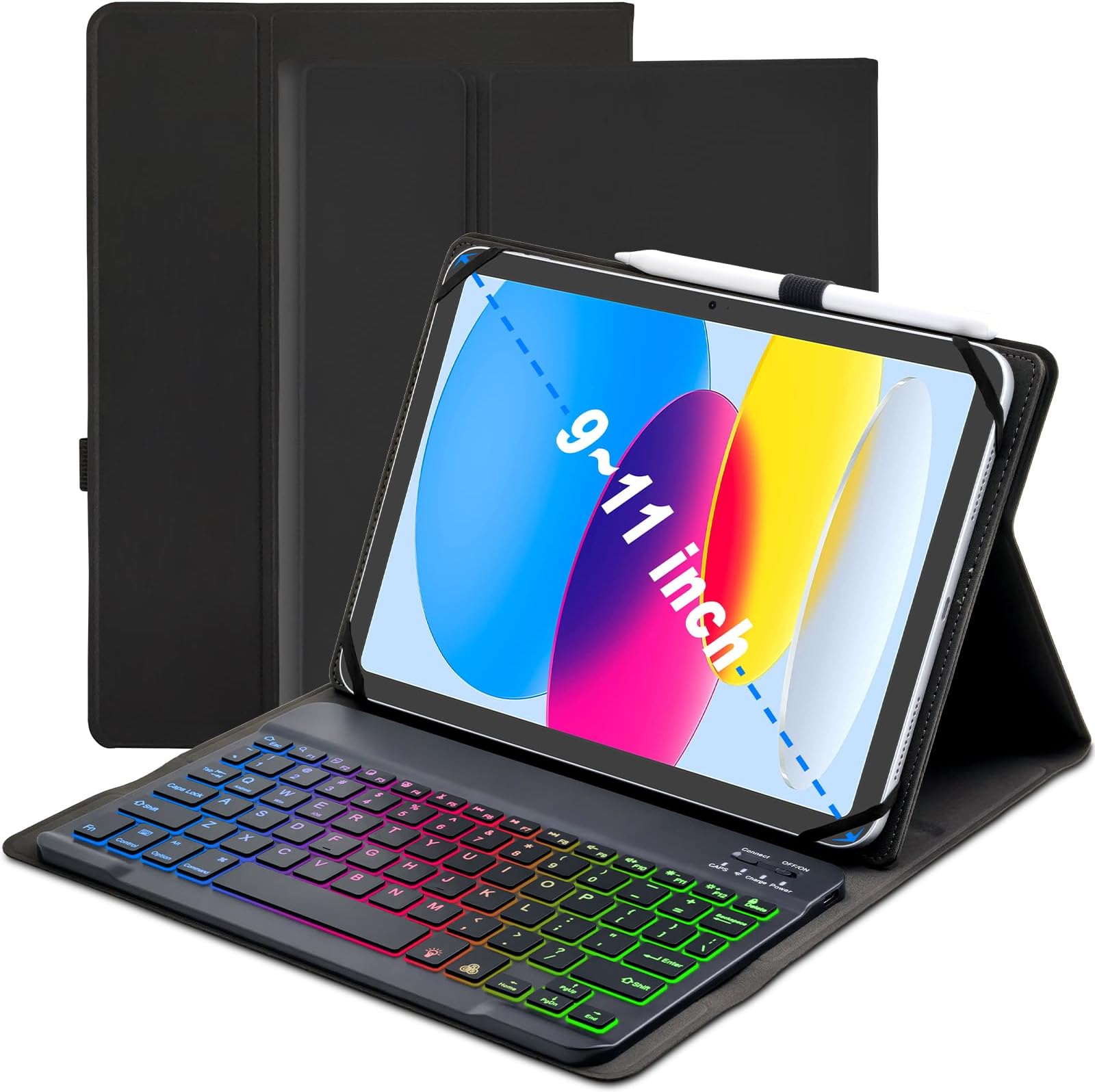 Universal Tablet Keyboard Case for 9.7",10.1",10.2",10.5",10.9",11" iPad Samsung Fire Pixel Android 10.1 inch Tablets, 7 Color Rainbow Backlit Removable Keypad with Pen Holder (Black)