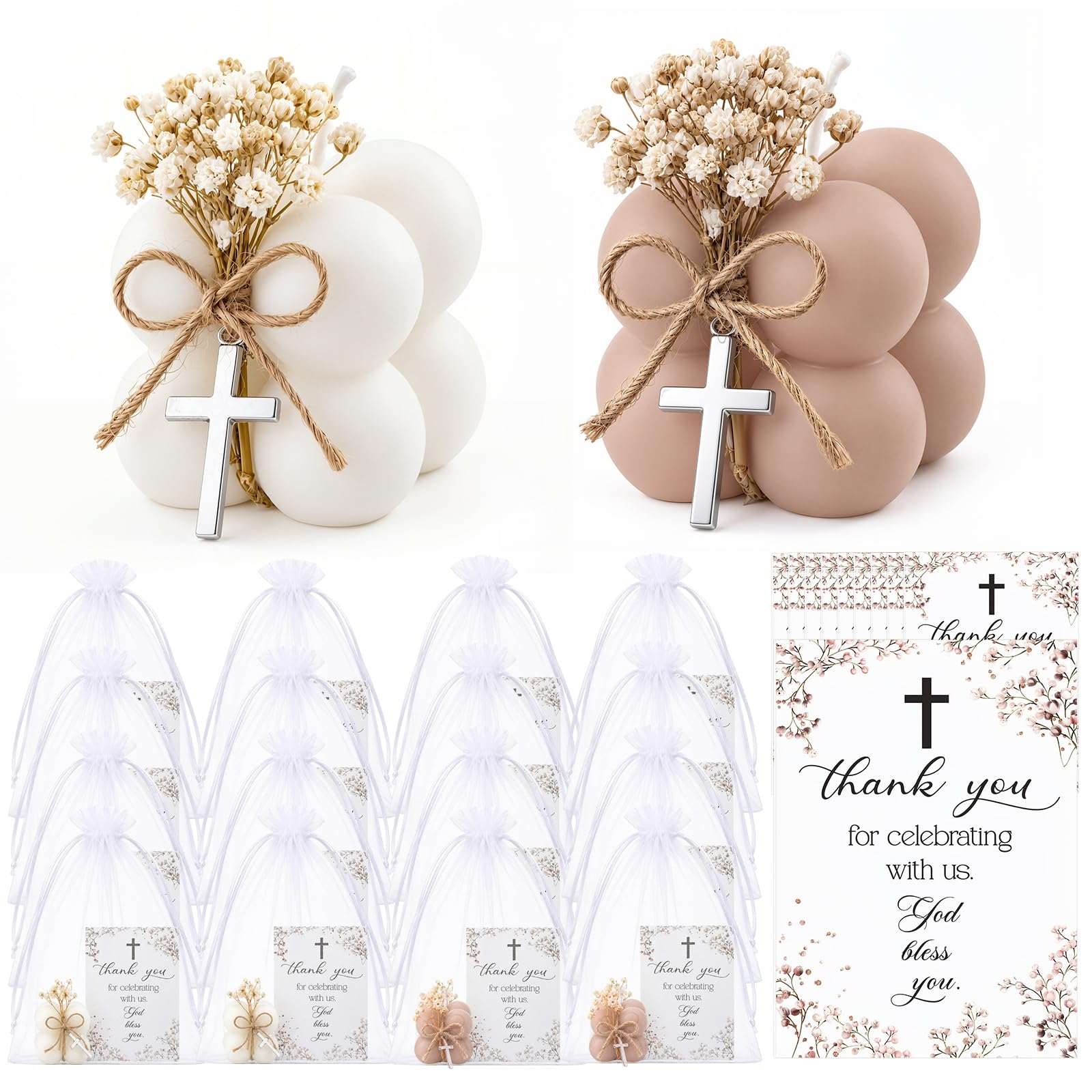 MTLEE Set di 12 candele per battesimo Cirios Pascual Catolico Cattolico Prima Comunione Candele con Fiocchi e Croci Chiesa Preghiera Regali per Prima Comunione Bambino Battesimo Bomboniera 3,8 cm