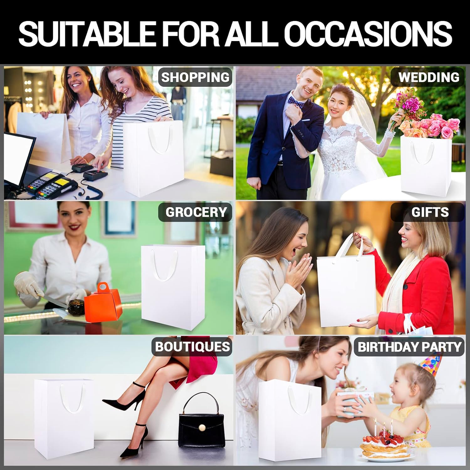 EUSOAR White Kraft Bags, 20pcs 9.8" x 5.1" x 12.6" Paper Shopping Bags Bulk, Gift Bag with Handles Merchandise Paper Lunch Bag for Party Favors Birthday Wedding - Image 5