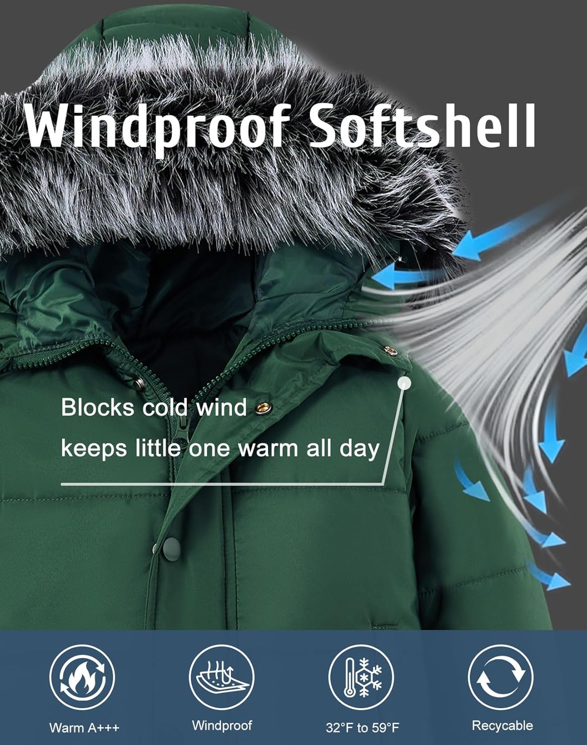 Enlifety 1-6T Toddler Jacket Boys Girls Winter Coats with Removable Fur Hood Kids Thicken Outerwear - Image 6