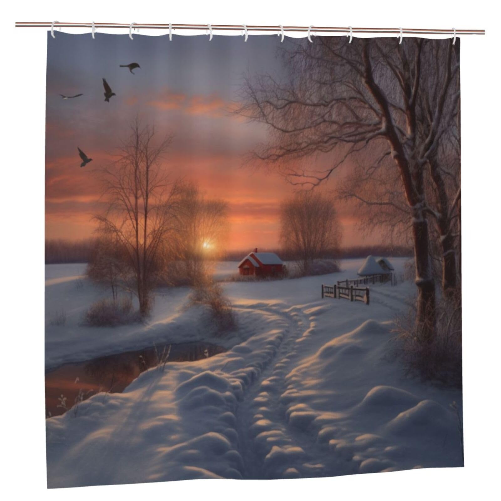 BWWHCCTI Winter Sunset Printed Shower Curtain With 12 Plastic Hooks Opaque Quick Drying Waterproof Shower Curtains Sets For Bathroom 183x183 CM