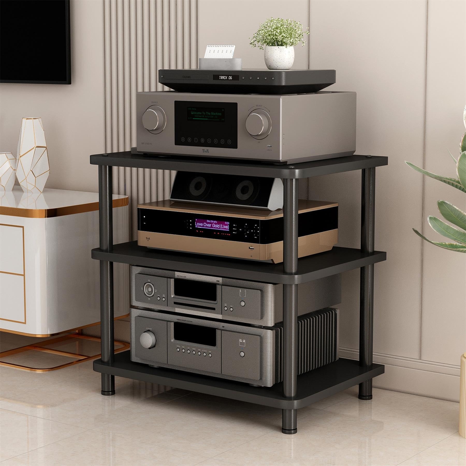 2/3/4-poziomowa półka na nośniki AV, stojak na audio, szafka stereo, półka audio-wideo, półka rozrywkowa na konsole do gier, gramofon TV/DVD/CD, czarny, 3 poziomy, 40 cm (15,8 cala)