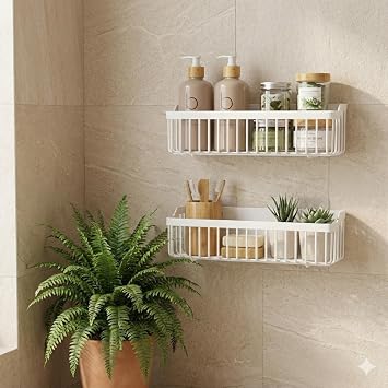 Delmeden Yapışkanlı Plastik Banyo Rafı – Askılı Duş Organizeri, Su Tahliyeli Şampuanlık (2’li Set – 25 cm)