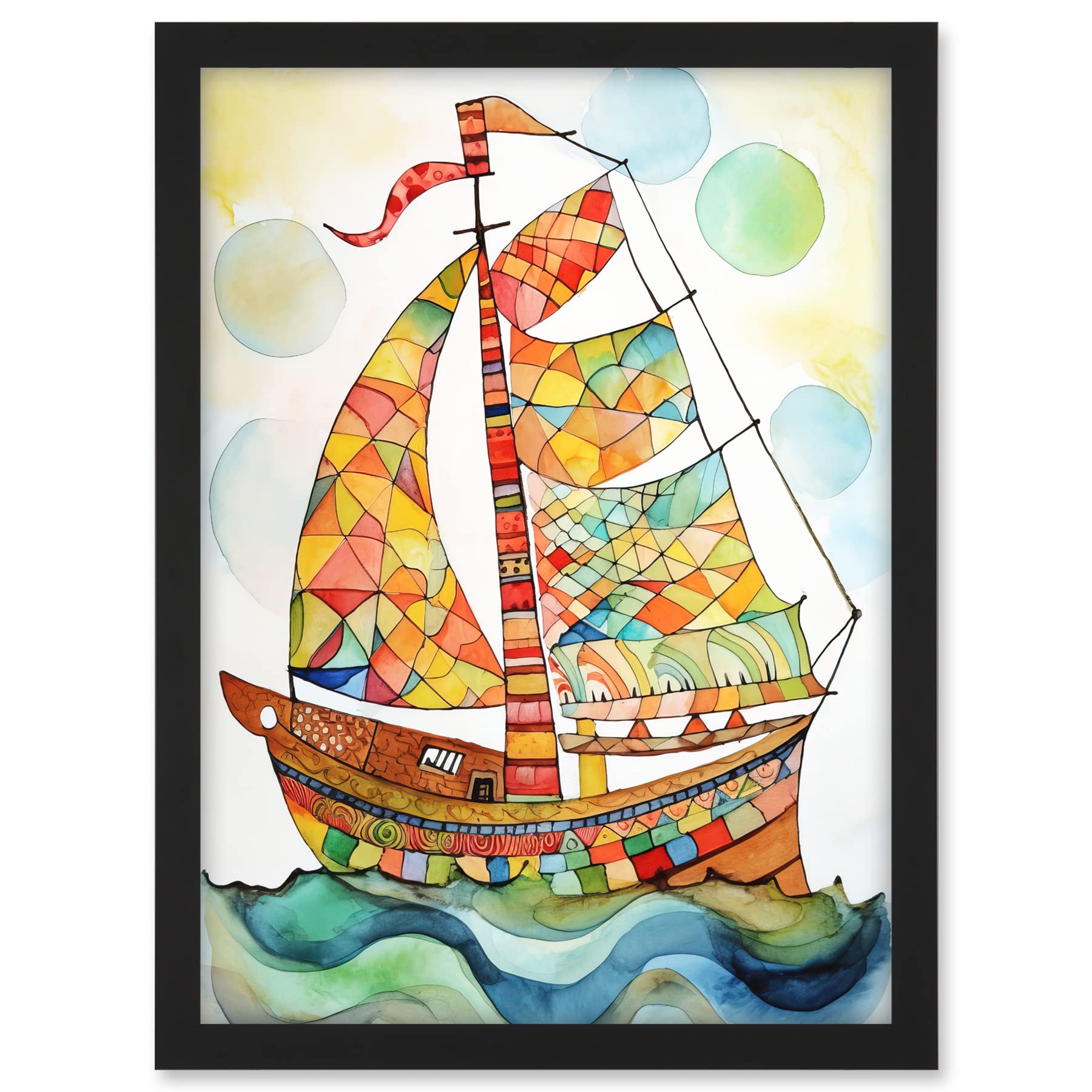 Artery8 Sailing Ship At Sunrise Folk Art Artwork Framed A3 Wall Art Print