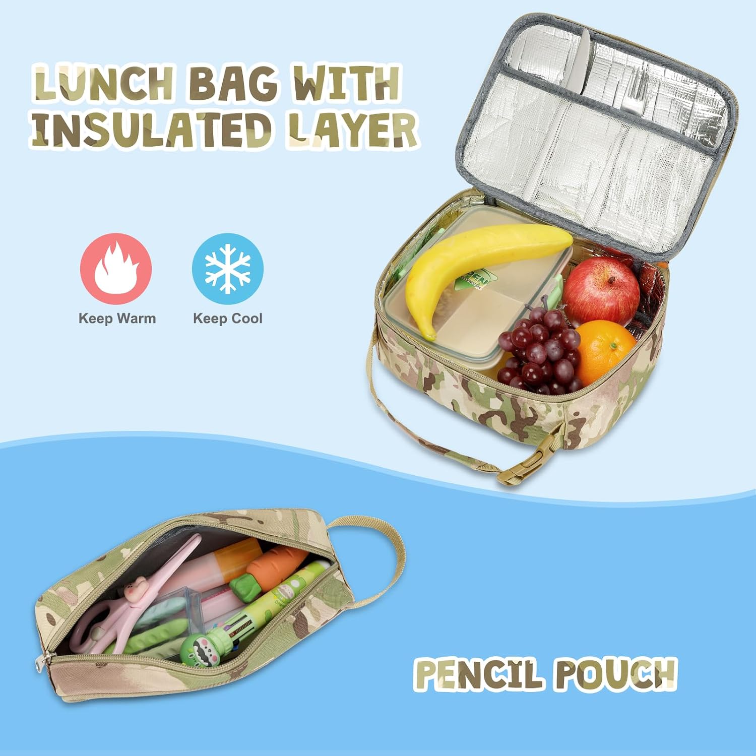 Acesak 3pcs Camo Backpack Boys Lunch
