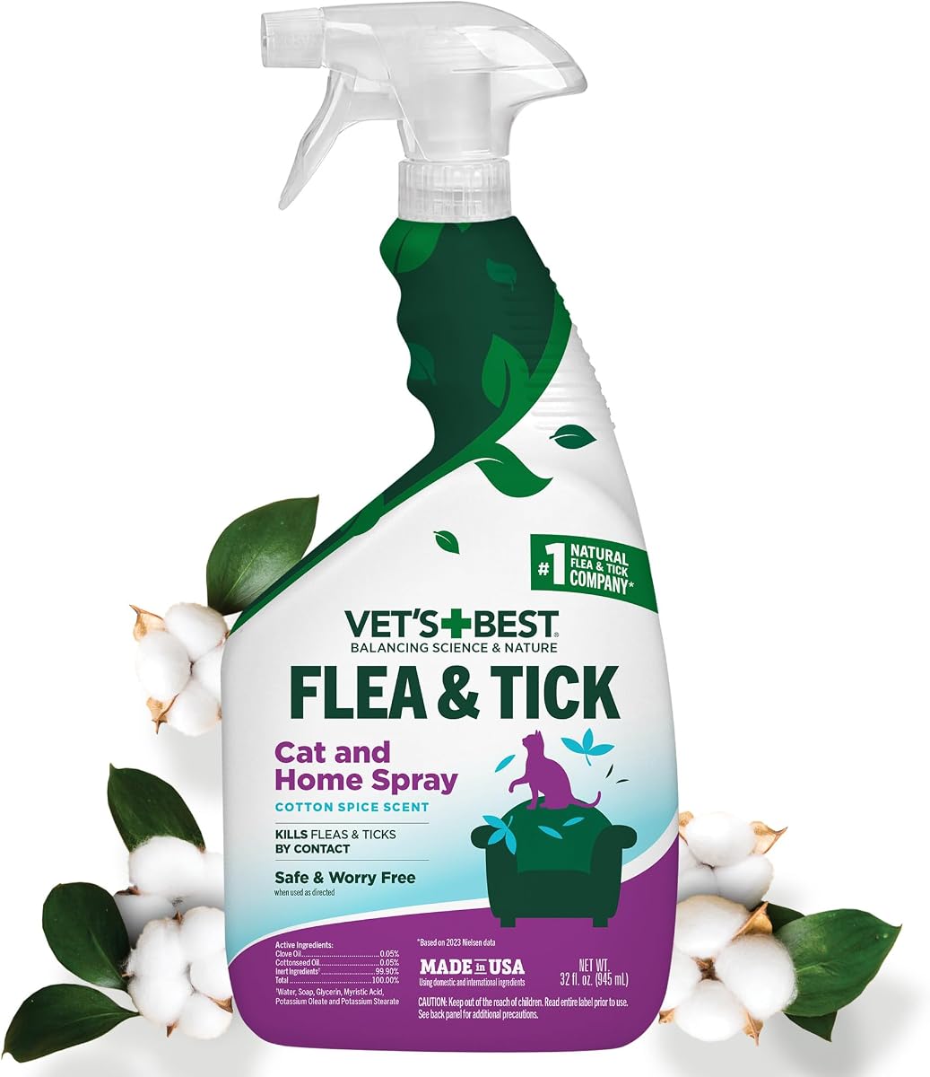 Flea & Tick Indoor Home Spray for Cats, Cotton Spice, 32 oz | Plant-Based Flea & Tick Spray, Cotton Spice Scent, Kills Fleas & Ticks on Contact, Gentle Indoor Cat Home Treatment