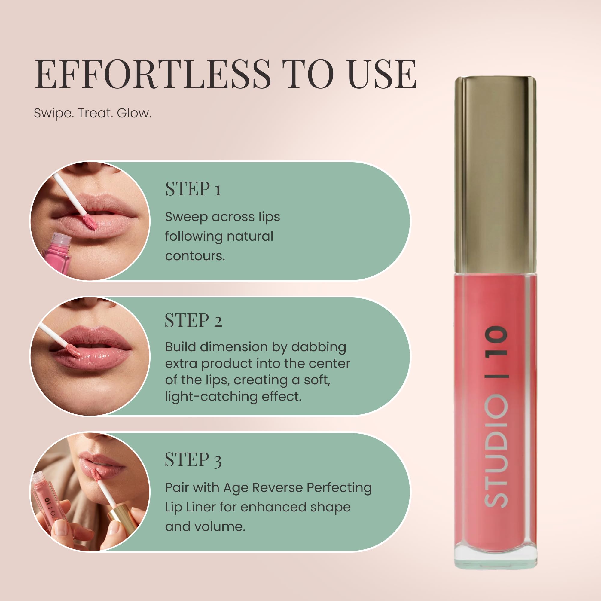 Studio10 Lip Perfecting Plumping Gloss mit Hyaluronsäure, nicht klebriger Lipgloss, um Feuchtigkeit zu spenden und Volumen zu verleihen, geeignet für fein linierte, reife oder trockene Lippen, mit