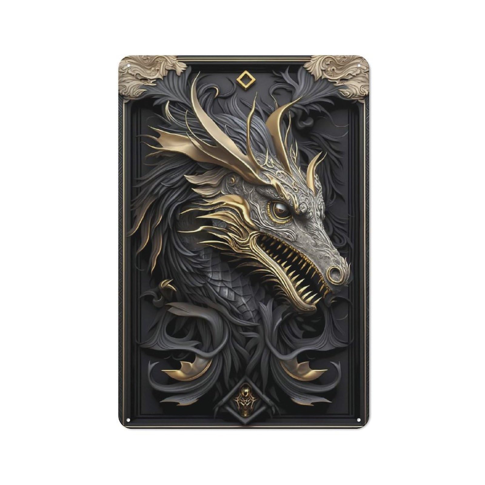 Metal Wall Plaque with Majestic Golden Dragon Design 30x20cm, Simple Retro Creative Space Decor for Office, Study, Studio Or Hallway
