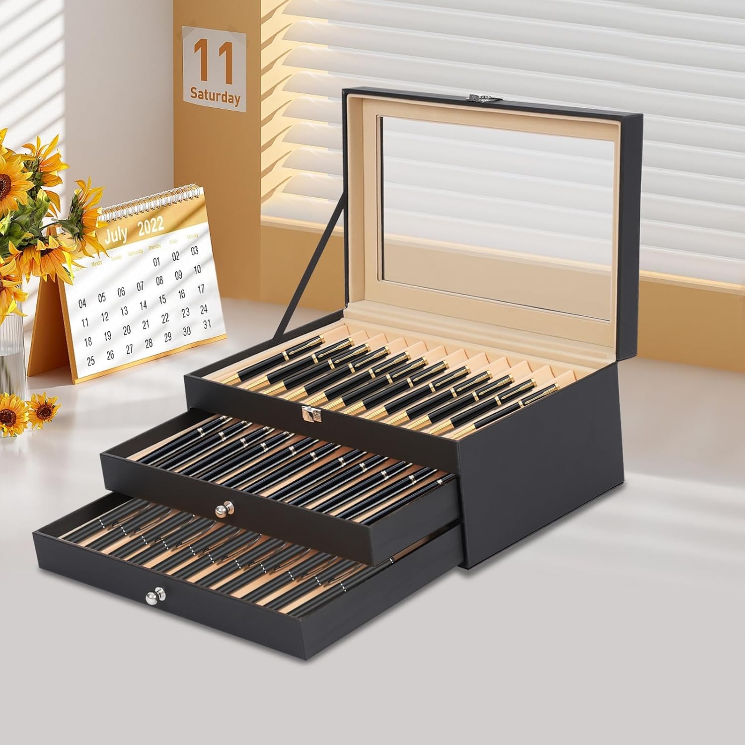36 Pieces PU Leather Pen Box, 3 Levels with Drawers Fountain Pen Display Case Storage Organizer Box with Glass Window Gift for Friend (Black)