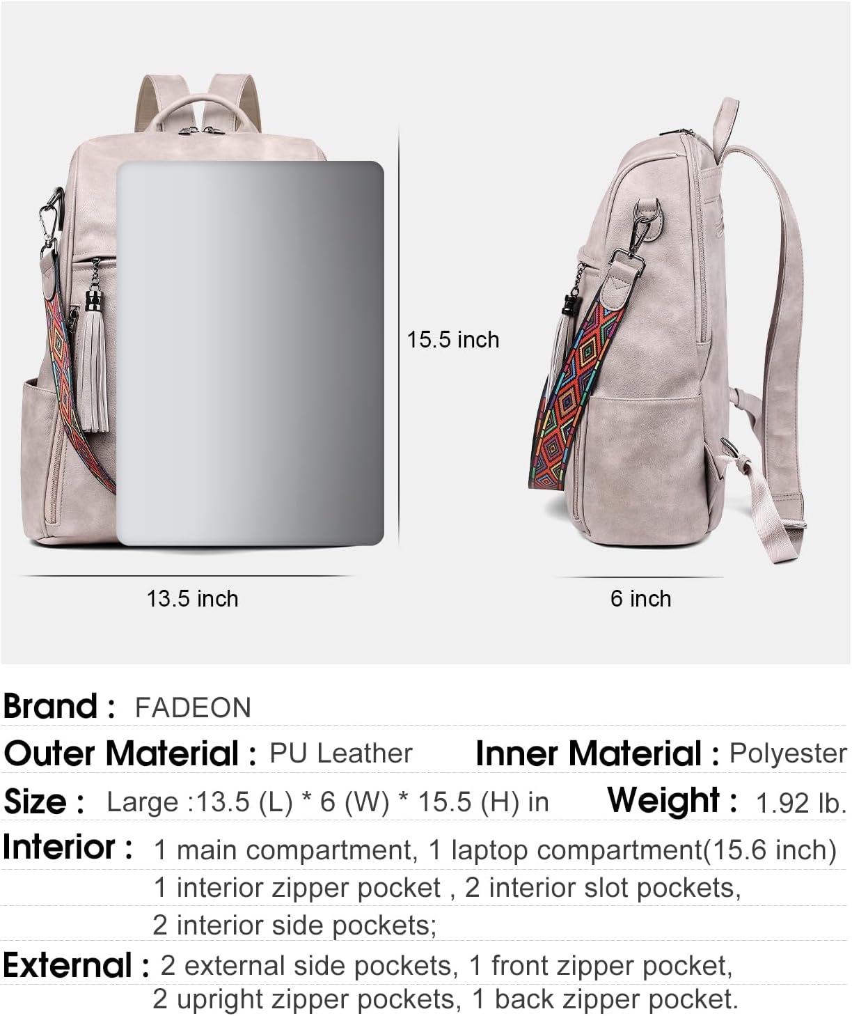 FADEON Laptop Backpack Purse for Women Large Designer PU Leather Laptop Bag, Ladies Computer Shoulder Bags - Image 3