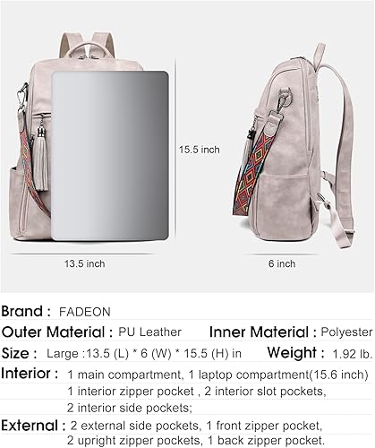 Miniatura 10 de FADEON Mochila grande para mujer, diseño grande, de piel sintética, para laptop, bolsas de hombro para computadora, Marrón café, Mochilas de viaje